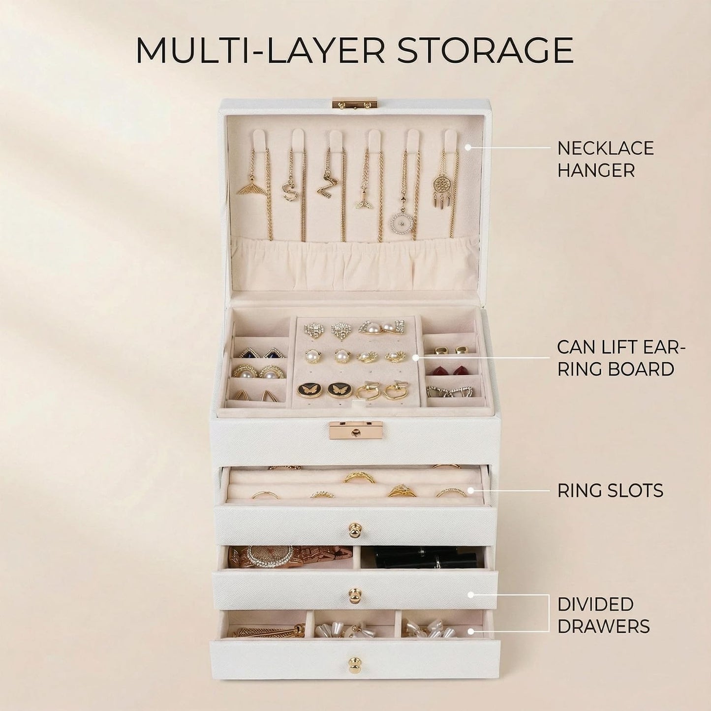 Vandozis Leather Jewelry Box with Lock for Women, 4-Tier 3-Drawer Jewelry Organizer, Large Capacity Vanity Storage Case for Earrings Rings Necklaces, Gift for Her (White)