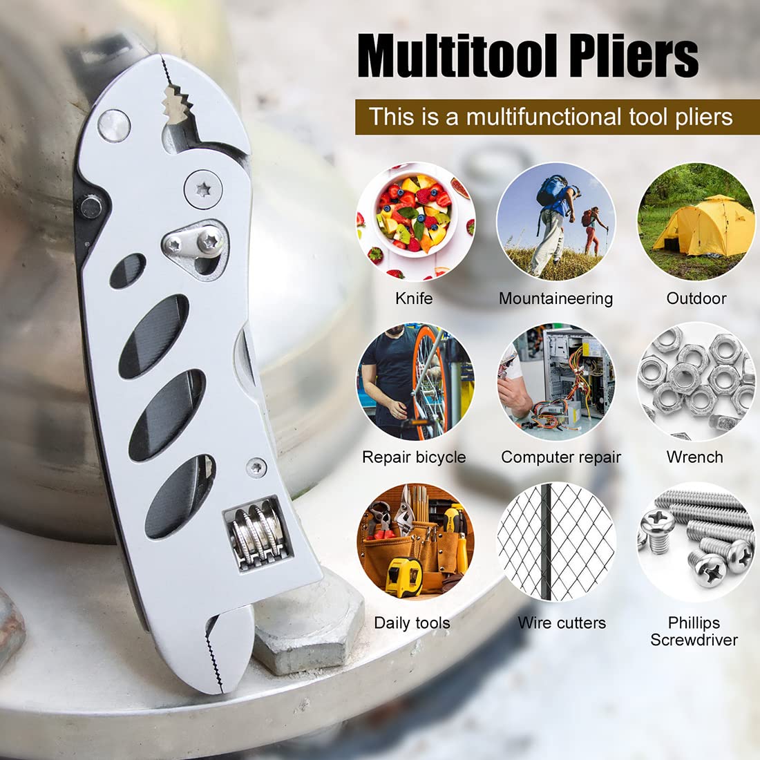 dpnao Multitool Wrench With 7 Tools/Pliers/Wire Cutter/Flat Screwdriver/Phillips Screwdriver/Portable Folding Multifunctional Adjustable Multi Purpose Stainless Steel Tool