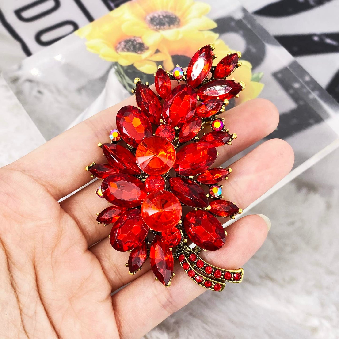 LAXPICOL Vintage Red Austrian Crystal Flower Leaf Bouquet Clusters Large Big Brooch Pin For Women Jewelry