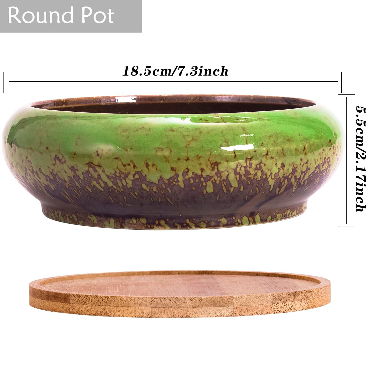 Succulent Pots, 1 Rectangle Planter + 1 Ceramic Bonsai Pot with Drain Tray, 2 Pack Large Shallow Succulent Planters for Indoor Plants, Round Cactus Flower Plant Pot for Desk Windowsill Decor