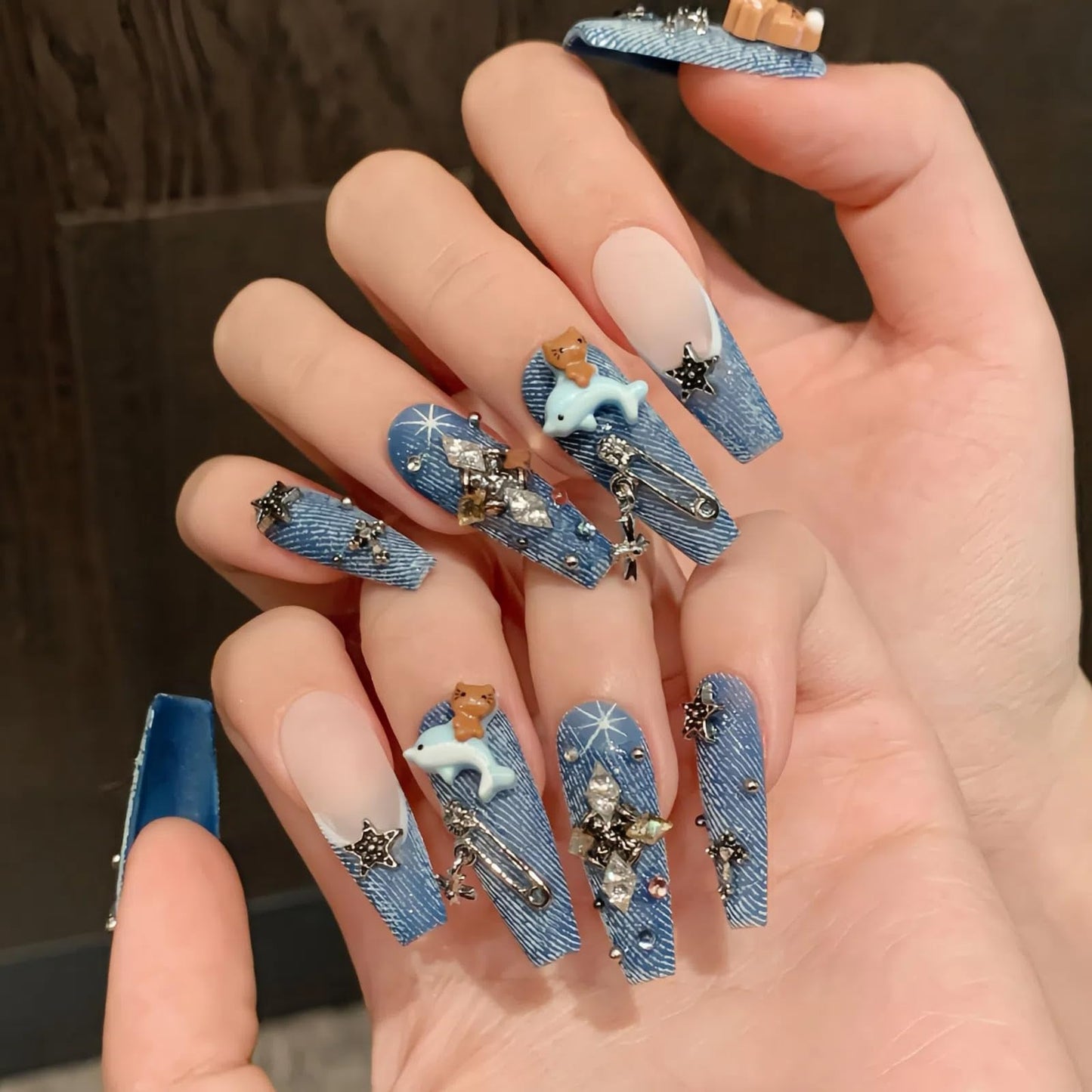 LOHAS Home 3D Carved & Painted Handcrafted Cute Wearable Nails Reusable Long Press-on Nails, Distressed Denim, M