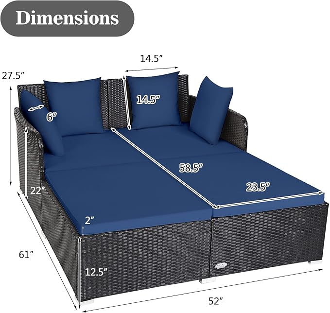 HAPPYGRILL Patio Rattan Daybed Outdoor Loveseat Sofa Set with Padded Cushion Pillows and Sturdy Aluminum Foot Wicker Patio Furniture for Garden Porch Poolside