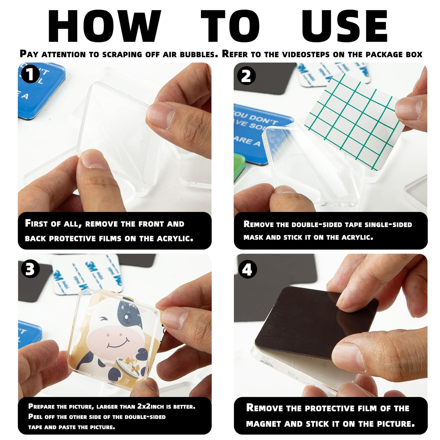 15 Pcs DIY Fridge Magnet Craft Set Acrylic Square Decorative Refrigerator Magnet with Adhesive Backing Ferrite Magnets for Office,Classroom,Cabinets,Kitchen(2 Inch,54 Piece)
