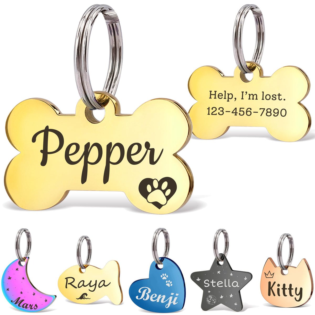 Anavia Small Size Dog Cat ID Tags, Small/XS Personalized Color Plated Stainless Steel Puppy Kitten Name Tags, Customized Engraved Nameplate Pet Collar Tag (Blue, Star)