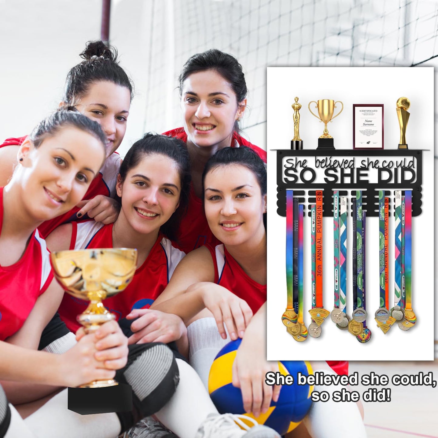 Takytao Medal Hanger Display with Trophy Shelf, Upgraded Sports Medal Holder Trophy Display Shelf Ribbon Holder Simple Wall Hanger (SHE BELIEVED SHE COULD SO SHE DID)