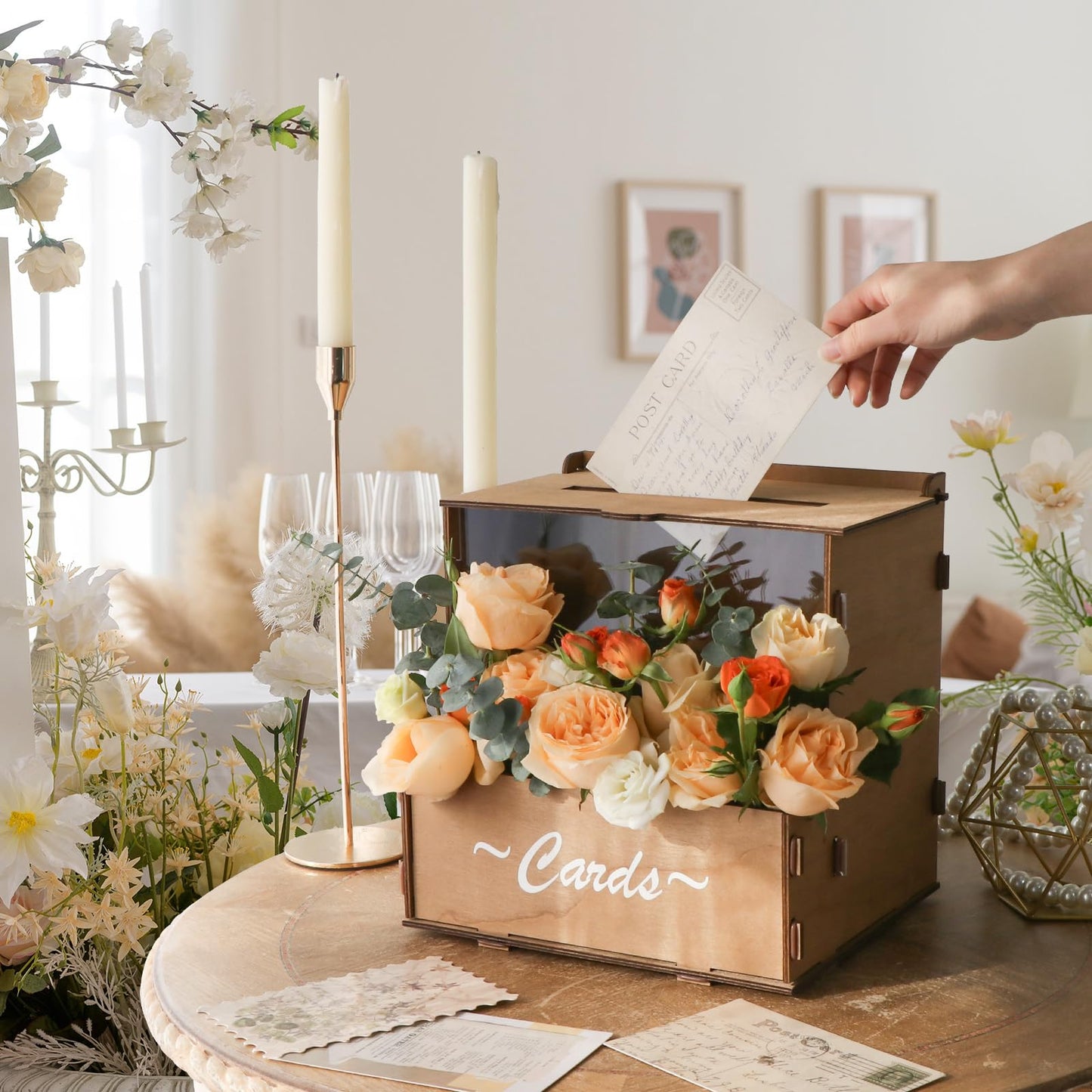 OurWarm Wooden Wedding Card Box with Flower Trough, Brown Gift Card Box for Wedding with Acrylic Board, Wedding Card Boxes for Reception Rustic Wedding Decor for Graduation Baby Showers Birthday Party