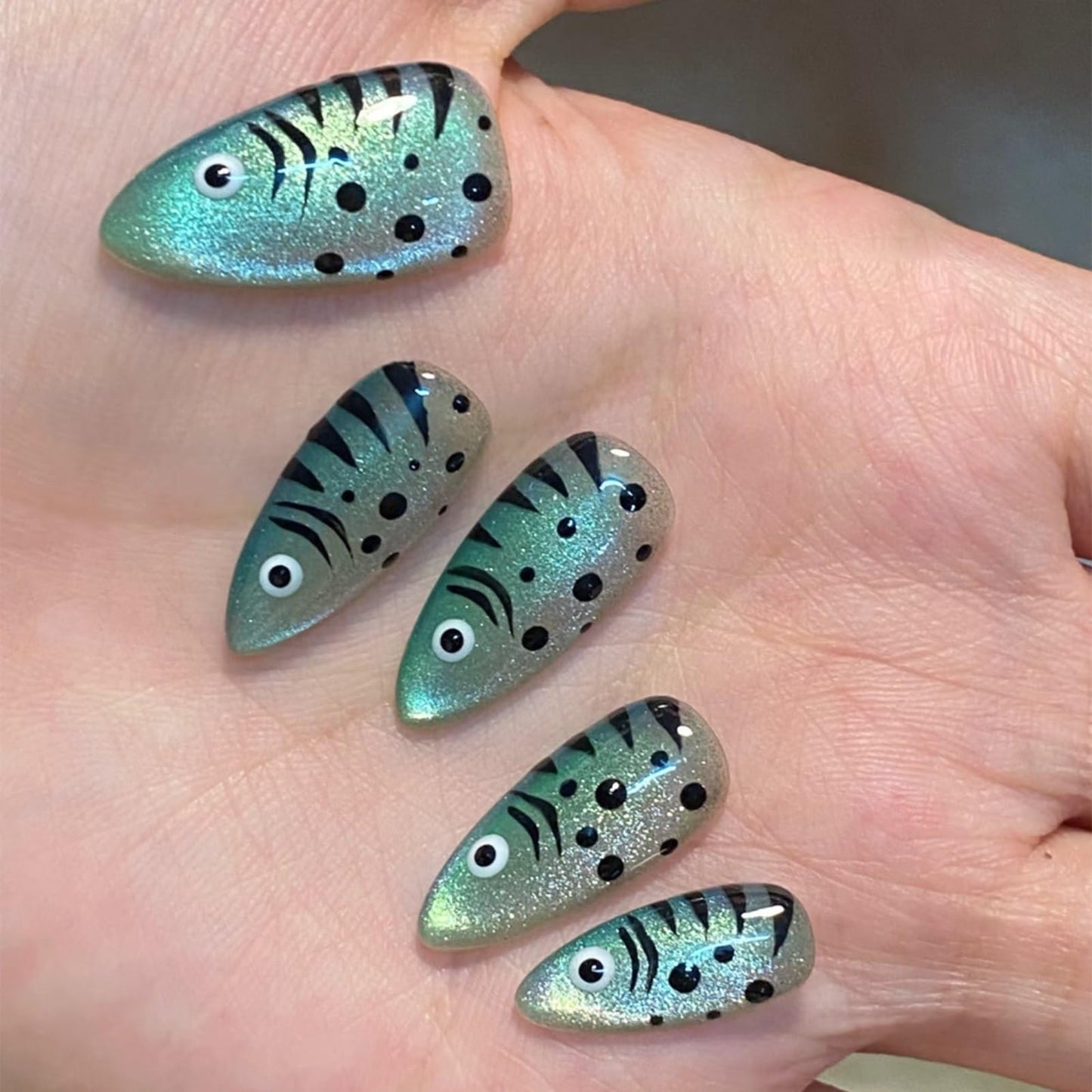 Fish Press on Nails Medium Almond Fake Nails Cute Light Green Fish Full Cover Acrylic False Nails Shiny Funny Artificial Stick on Nails Spring Summer Glue on Nails for Women Manicure Decor 24Pcs
