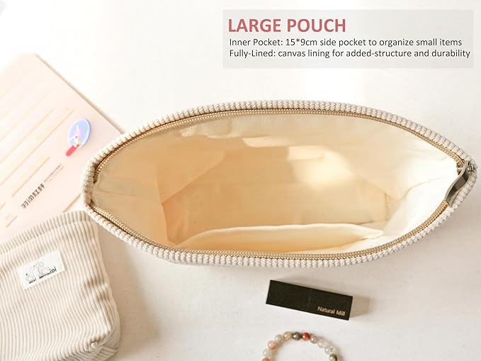 HAPPYHEIDI Large Corduroy Makeup Bag Compartment Cosmetic Toiletry Travel Accessory Pouch Purse Organizer, Soft Misty Blue