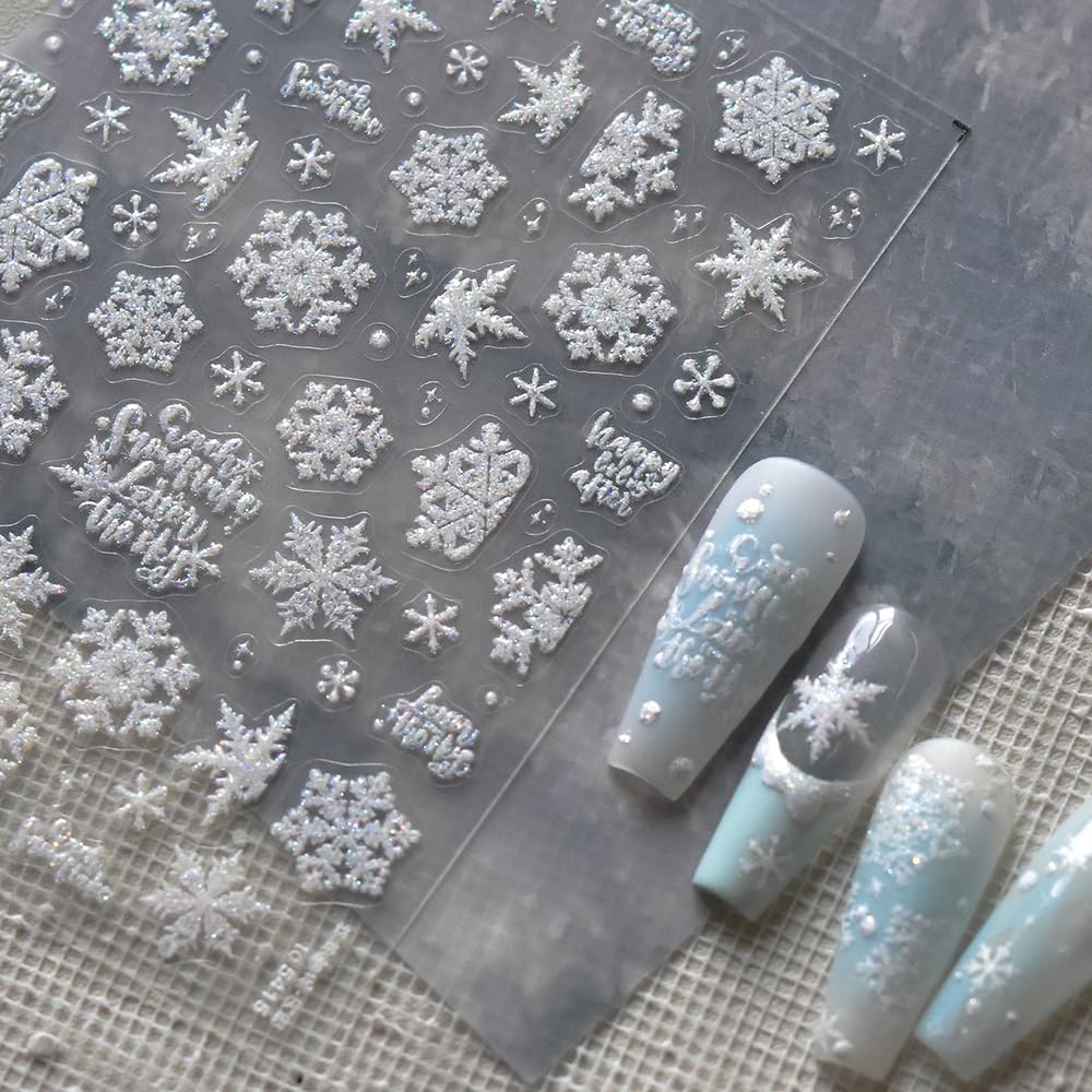 SoftSoul Snowflake Nail Stickers, 5D Embossed, White with Silver Accent, Premium Salon-Quality, Easy Application, Self-Adhesive, DIY Manicure, Nail Art, Press on, Home or Salon Use
