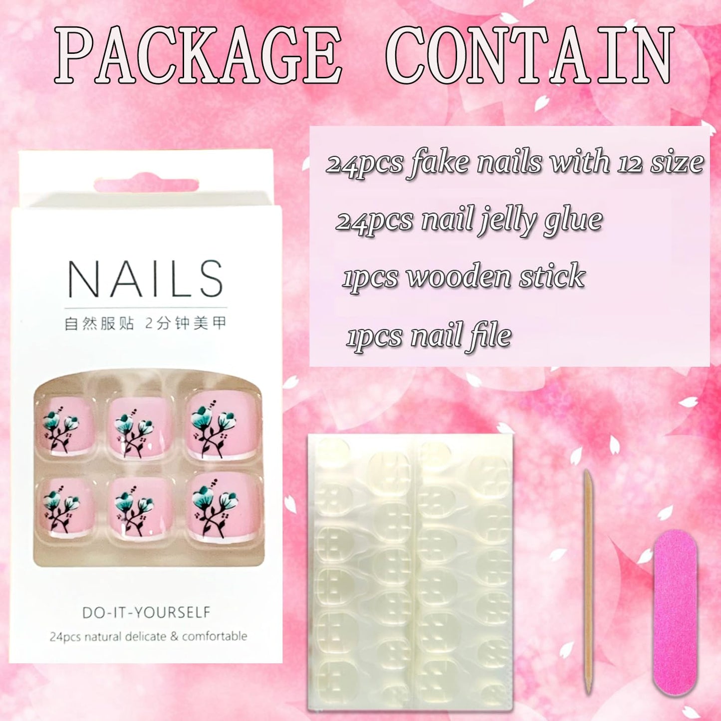 Vezocim Press-on French Toenails with Green Flower Designs, Glossy Acrylic False Nails, 24pcs
