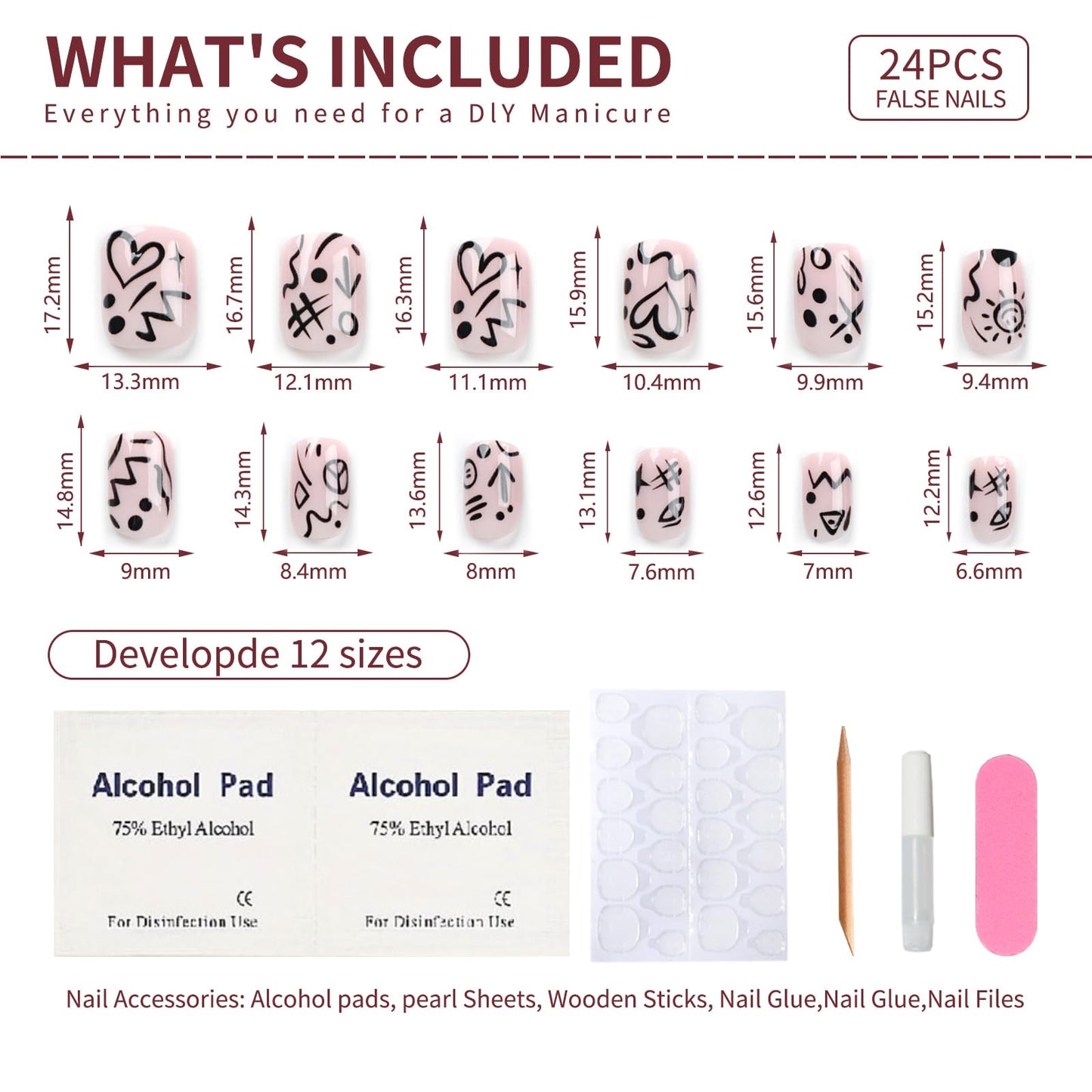Short Squoval Abstract Doodle Press On Nails, Black Line Art Fake Nails for Women, Reusable Stick On Nails, Short Glossy Nude False Nails, Trendy Graphic Nail Designs
