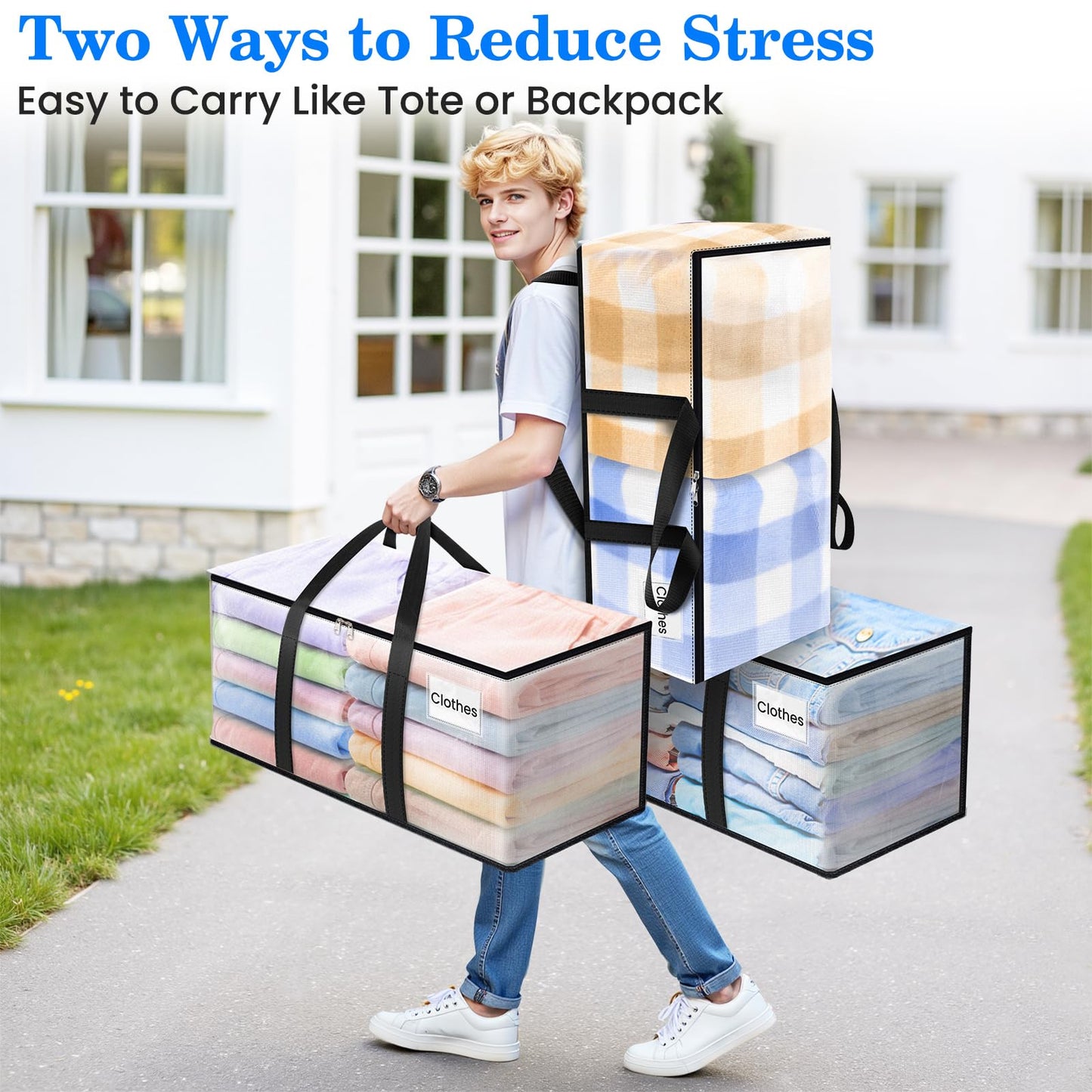 BlissTotes 4-Pack Large Moving Bags with Backpack Straps & Strong Zippers, Heavy-Duty Storage Bags Moving Boxes for Space Saving, Dorms, Transport, 125L-30 Gallons, Clear