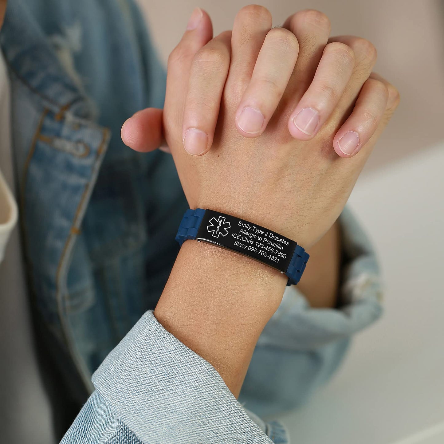 VNOX Blue Medical Alert Bracelets for Men & Women with Adjustable Sport Silicone Medical ID Bracelets Wristband
