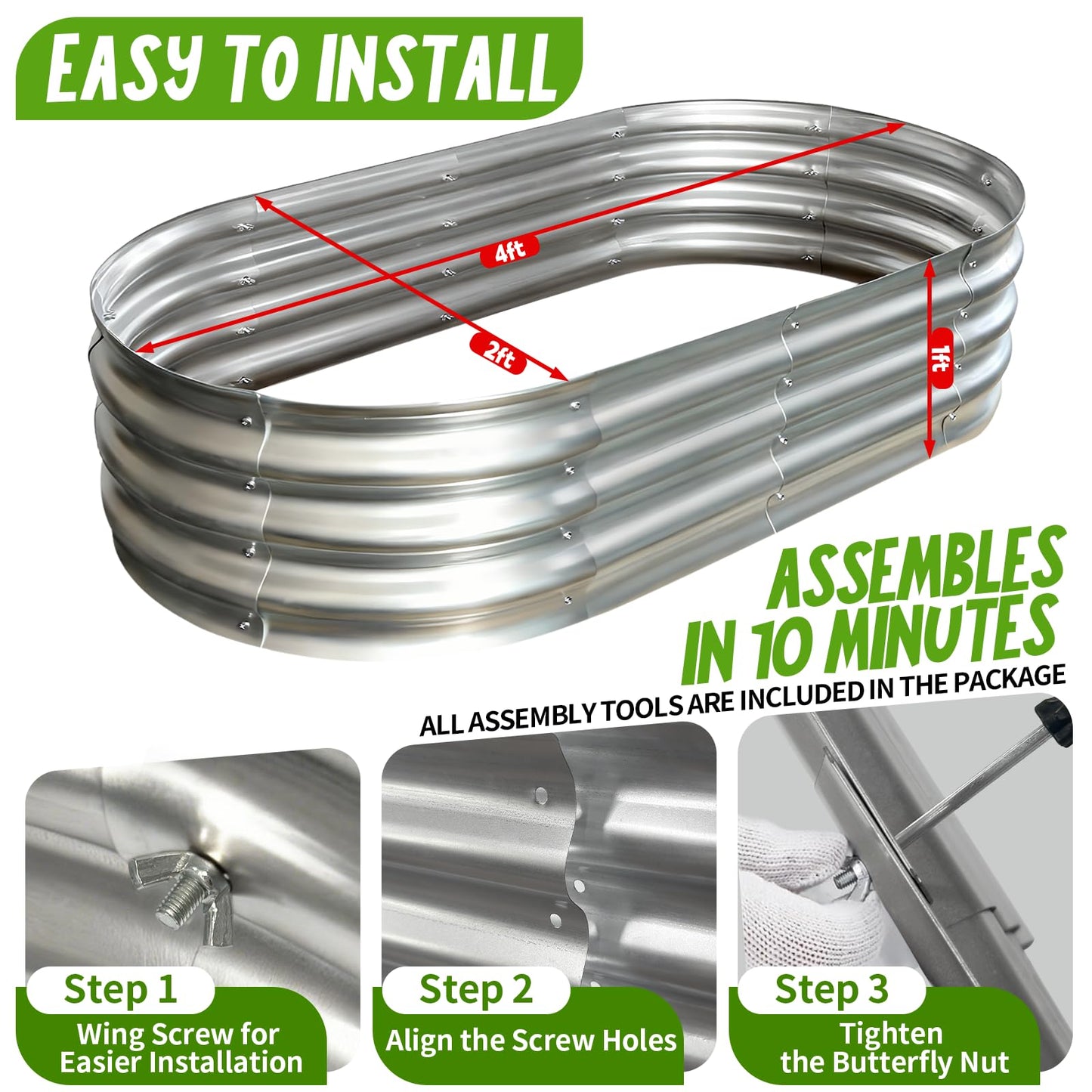 AmazStove Galvanized Raised Garden Bed Kit, Planter Garden Boxes Outdoor, Oval Large Metal for Vegetables Fruits, Flowers Planter Boxes, Easy Assembly Garden Bed Kit (Silver, 4×2×1FT (2-Pack)