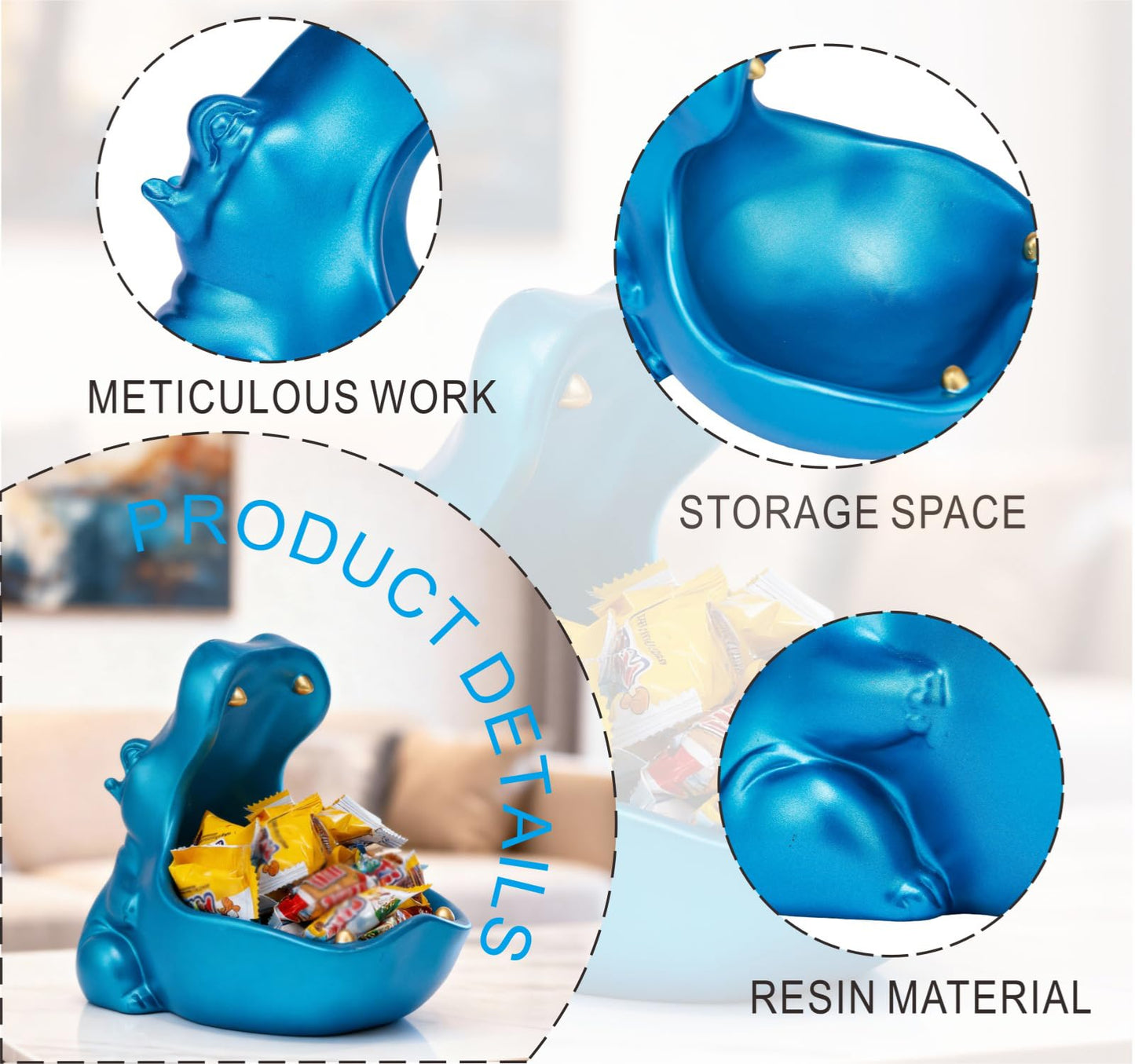 ZMLOOK Hippo Statue, Hippo Resin Furniture Ornament Sculpture, Suitable for Home Decor, Desktop Hippo Candy Bowl, Entryway Table Storage Vessel, Storage Box (Blue)