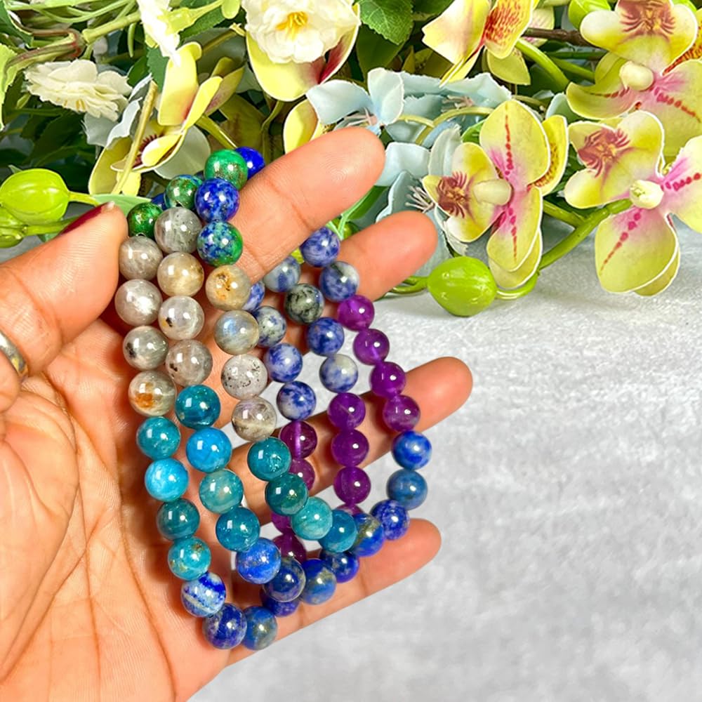 Crystal Treasure Third Eye Chakra Crystals Sodalite,Amethyst,Himalayan Quartz,Azurite Malachite,Rhyolite,Blue Aventurine Stone Round Beaded Stretchable Bracelet