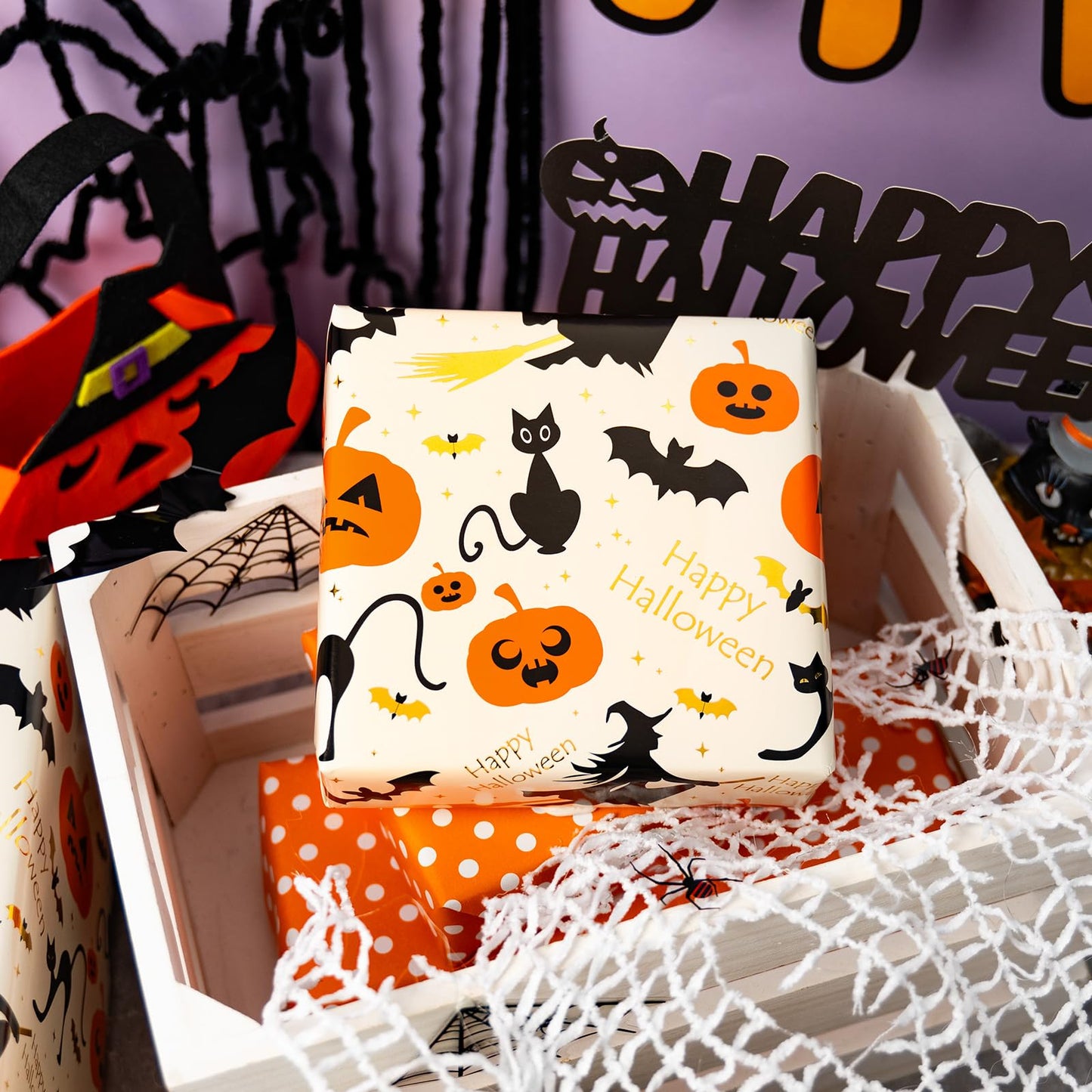 Burymento Reversible Halloween Wrapping Paper, Pumpkin, Witch Hat and Polka Dot Design, Suitable for Halloween, Christmas Nightmare Holidays, Parties, Mini Rolls (17 Inches X 32.8 Feet)