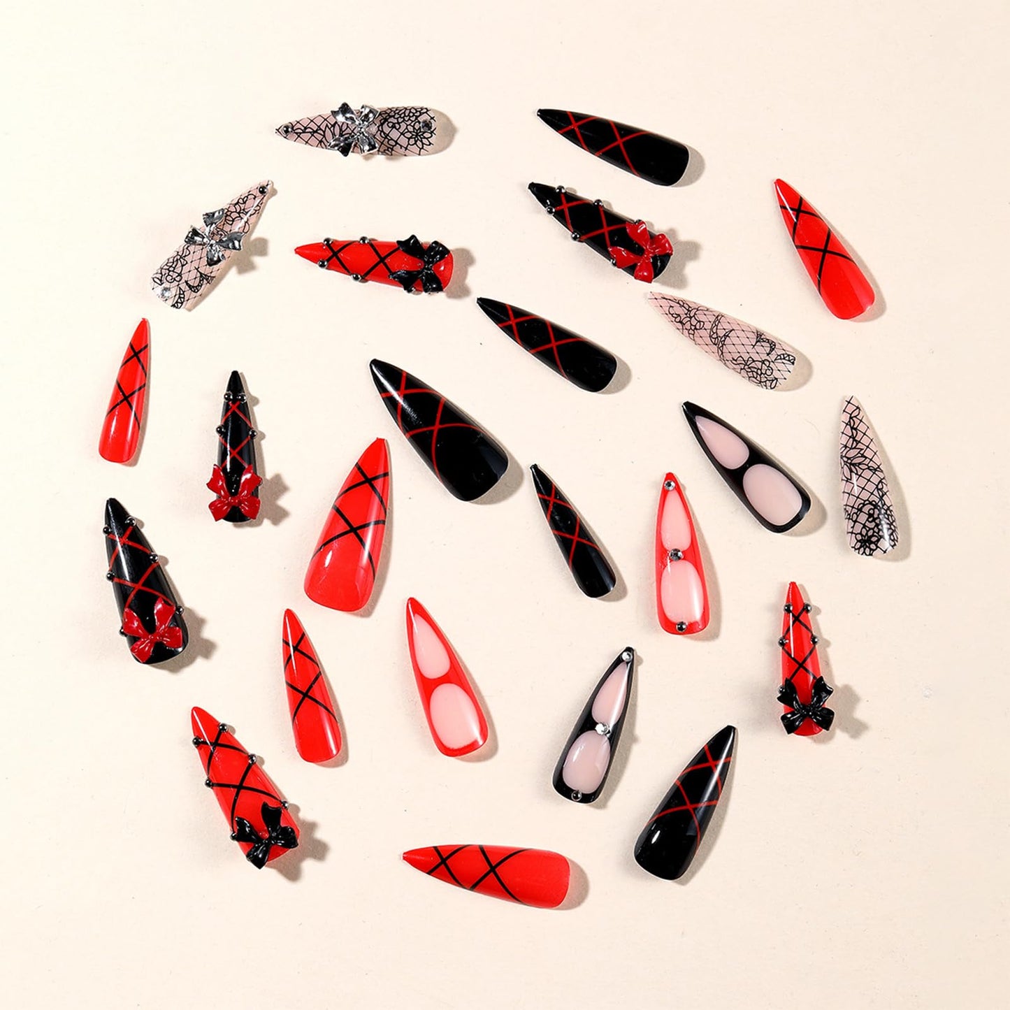 IMRAIN Long Press on Nails Stiletto Fake Nails Red Black False Nails Glossy Acrylic Full Cover Stick on Nails for Women Manicure 24Pcs