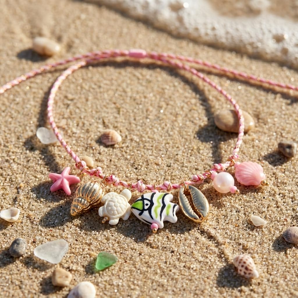 Tyebiva Cute Ocean Pendants Braided Pink Rope Necklace for Women, Summer Beach Boho Adjustable String Choker with Starfish Seahorse Fish Shell Charm Holiday Vacation Jewelry Gift