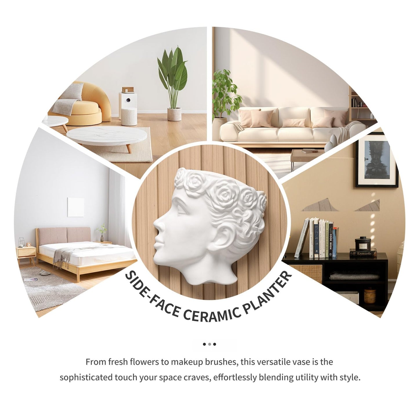 Yuccasly Side-Face Ceramic Planter – Glossy White, Wall-Hanging, with Drainage – 6.7"" Artistic Female Face Vase