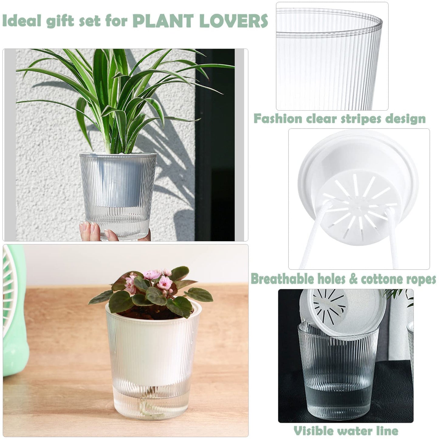 8-Pack 4.5 Inches Clear Self-Watering Planters and Pots for Indoor Plants Small Orchid Plant Pots Plastic Wick Flower Pots, African Violet Pot Set, Home Decor Pot