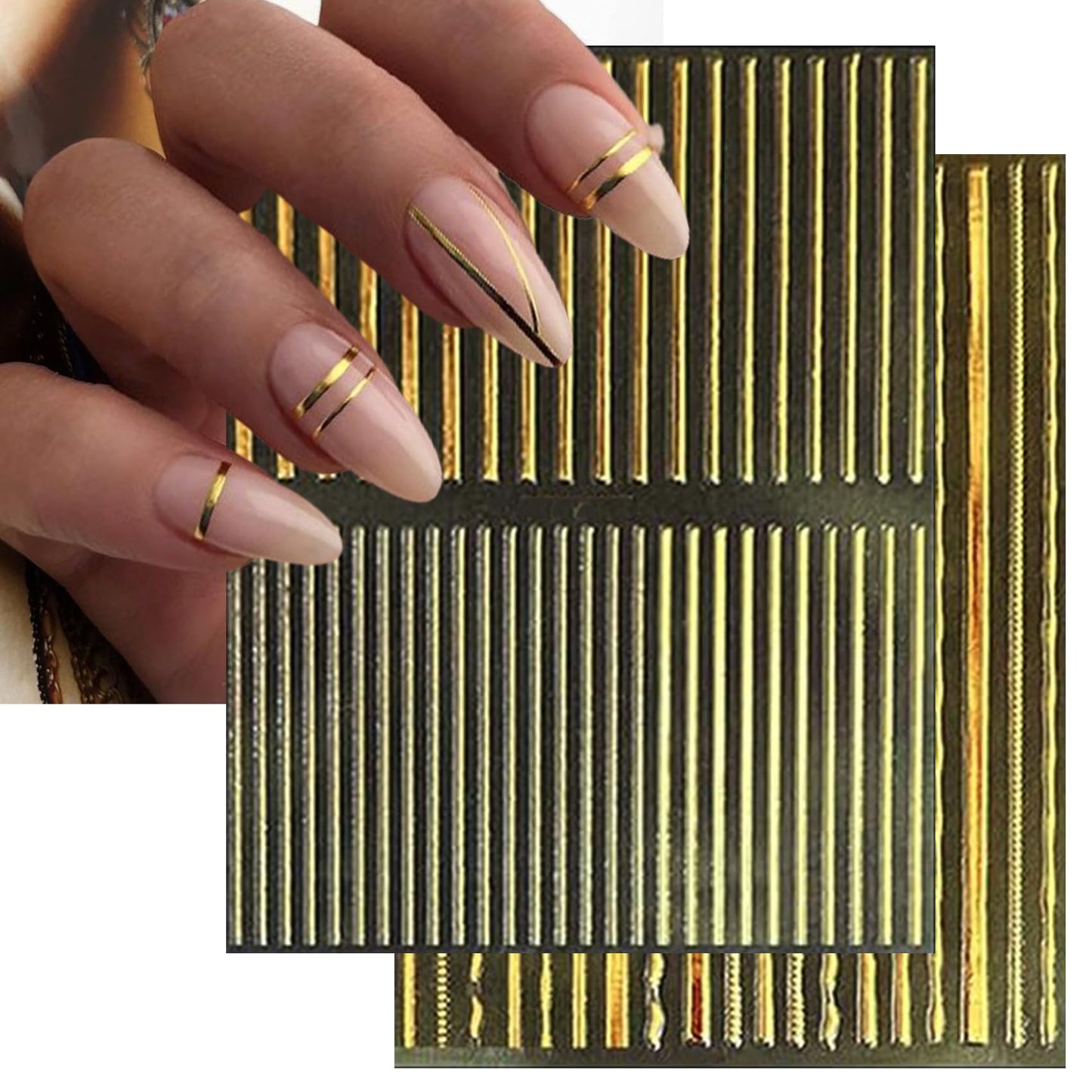 IDDFEVE 12 Sheets Gold Line Nail Art Stickers - French Smile Waves Strip Self-Adhesive Nail Decals for DIY Geometric Manicure