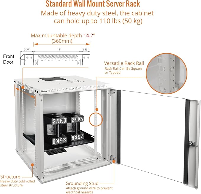 Tecmojo 12U Wall Mount Rack Network Cabinet for 19" IT Equipment,with Lockable Glass Door and Side Panels,Cooling Fan,17.7inch Depth,White