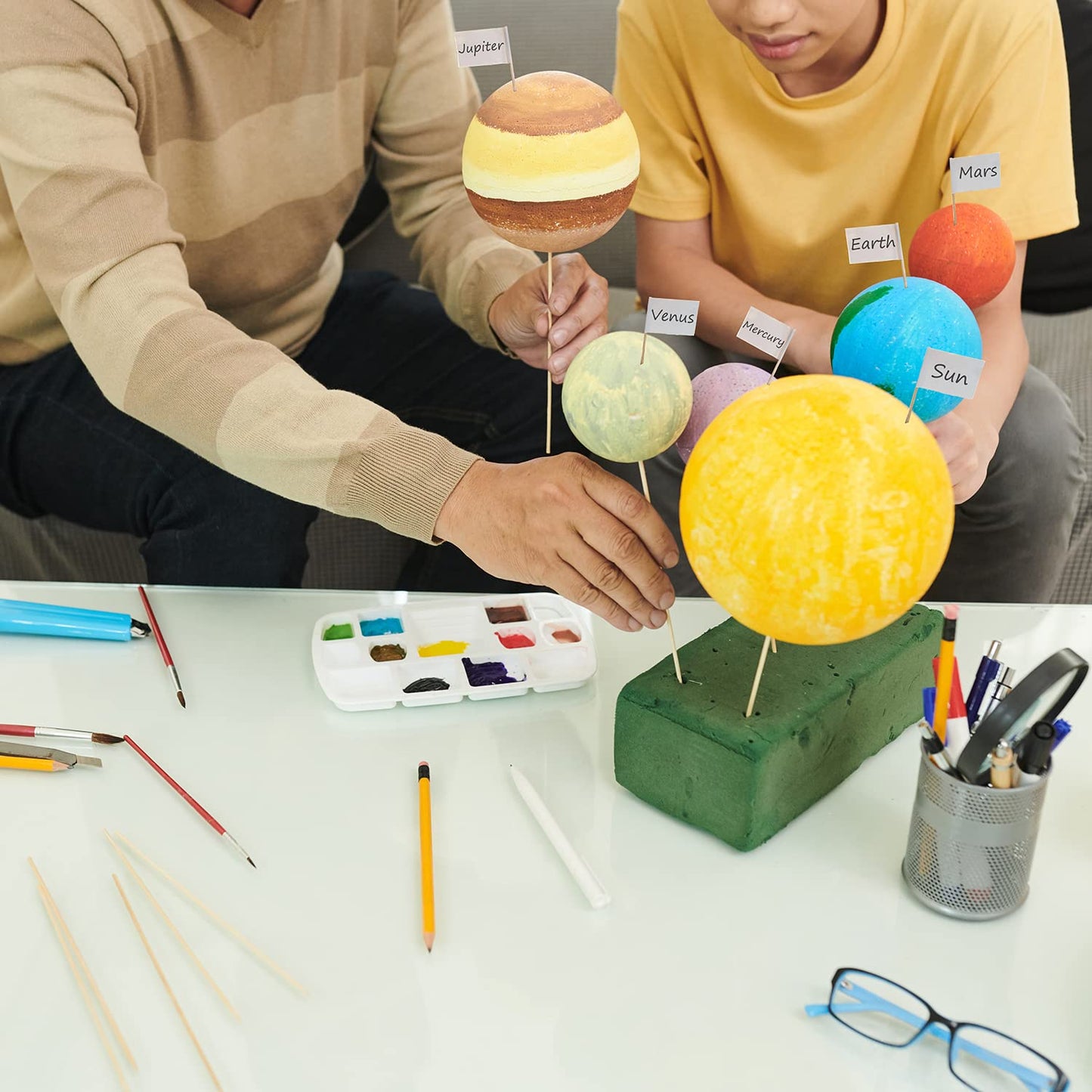 48PCS Solar System Model Foam Ball Kit Includes 10 Sizes Polystyrene Spheres Balls, Bamboo Sticks, Toothpick Flags, 12 Color Pigments, Brushes, Paint Tray Palette for School Science Projects