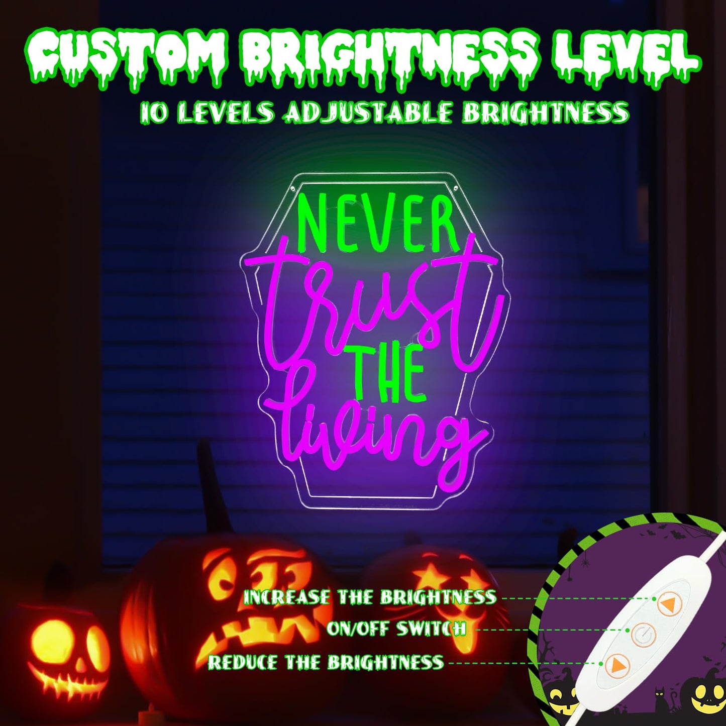 Ajoyferris Never Trust The Living Neon Sign Halloween Led Signs Dimmable Tombstone Light Up Sign Gothic Haunted House Neon Window Lights Scary Halloween Decorations