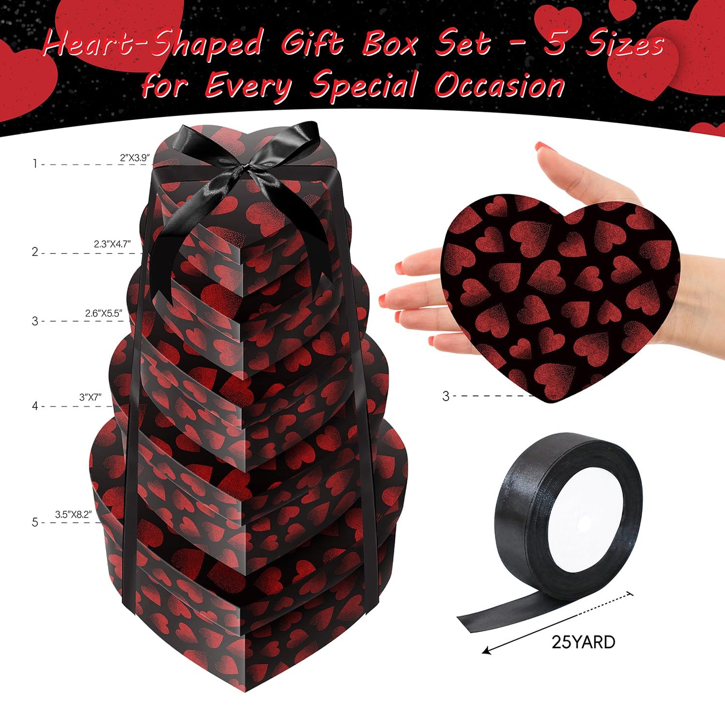 Linelglobal Heart Gift Box with Lid for Flower, Present, Valentine Day, Birthday, Anniversary, Wedding, Bridesmaid 5 Flower Box Assortment Size Stackble - Black