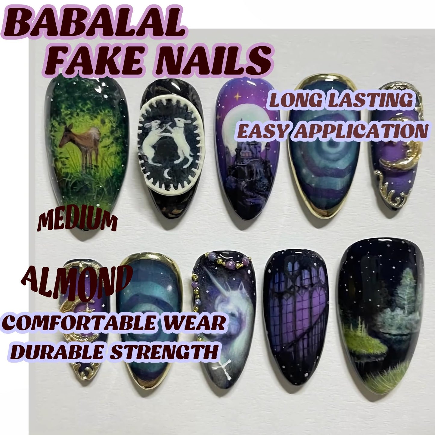 BABALAL Press on Nails Medium Almond Fake Nails Purple Goth Glue ons Anime Design Rabbit Unicorn Golden Moon Y2k Manicure Handmade Custom Art 24Pcs Glossy Full Cover Acrylic False Nails