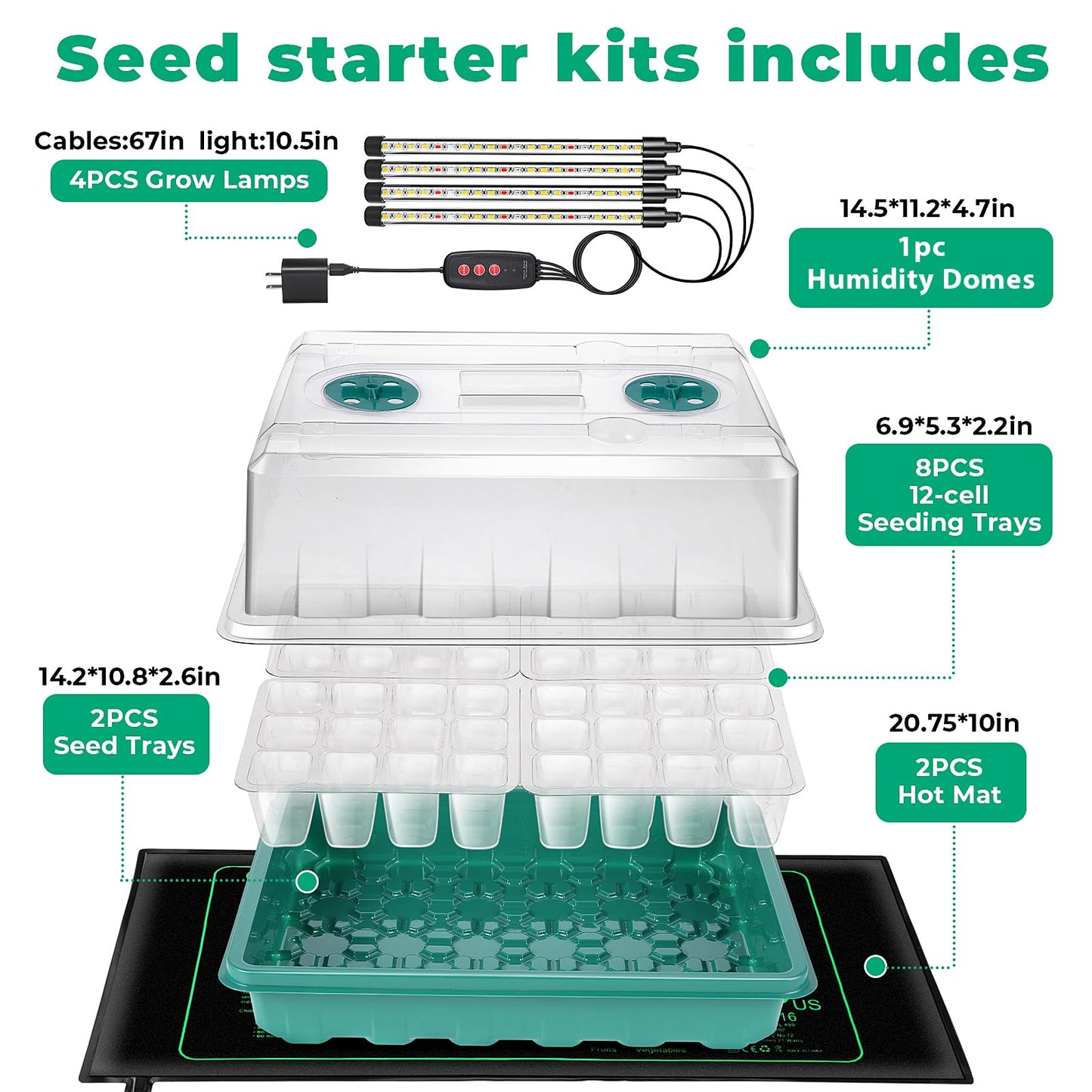 Ourhom Seed Starter Tray, Seed Starter Kit with Grow Lights and Heat Mat, 96-Cell Seed Growing Tray, Seed Starting Trays Plant Starter Kit and Base, Indoor Gardening Plant Germination Trays (2)