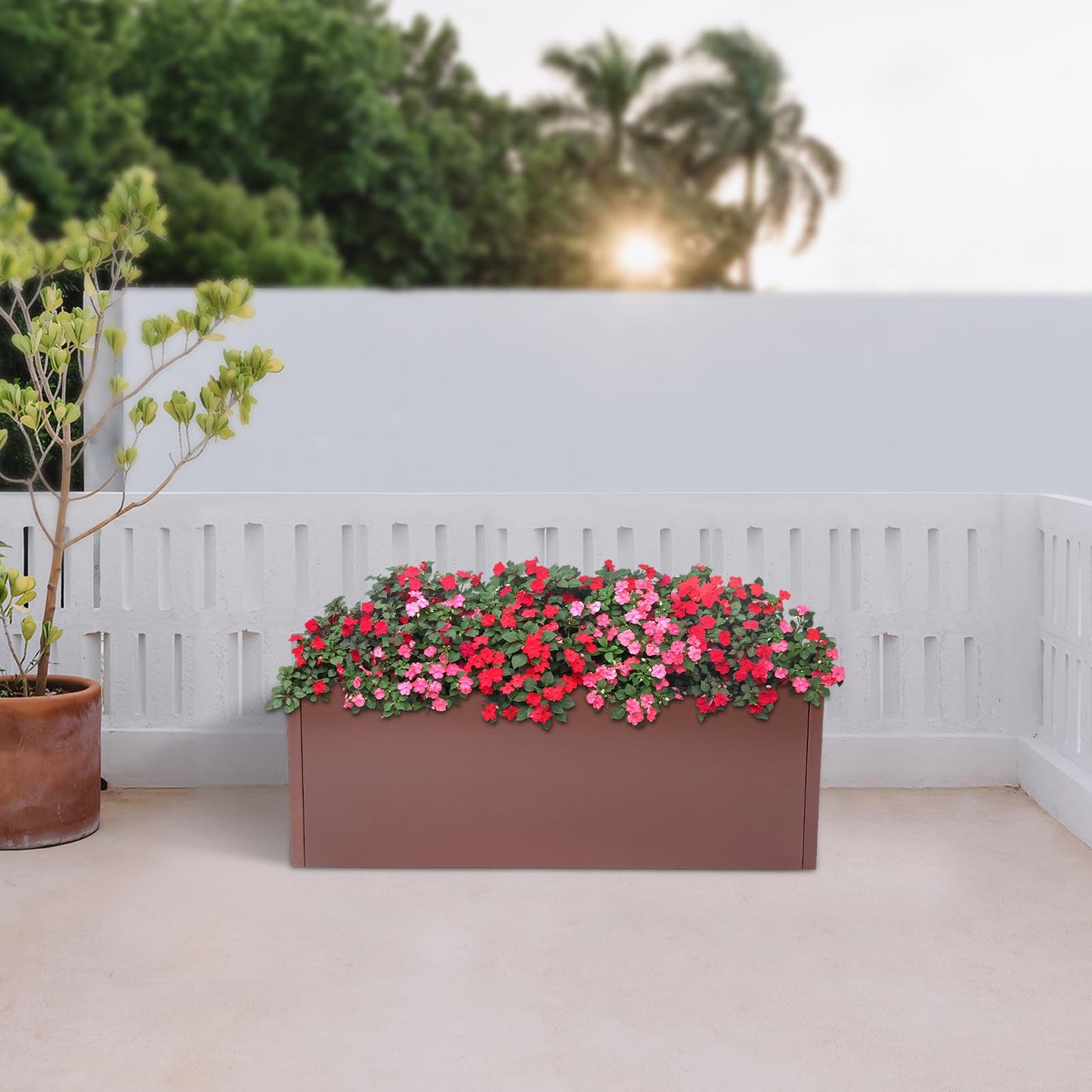 LIYABIN 38'' Large Planter Box, Steel Rectangular Elevated Plant Container with Drainage Holes Rustproof & Heavy Duty for Outdoor Modern, Patio, Balcony, Yard & Indoor Greenery (Brown)