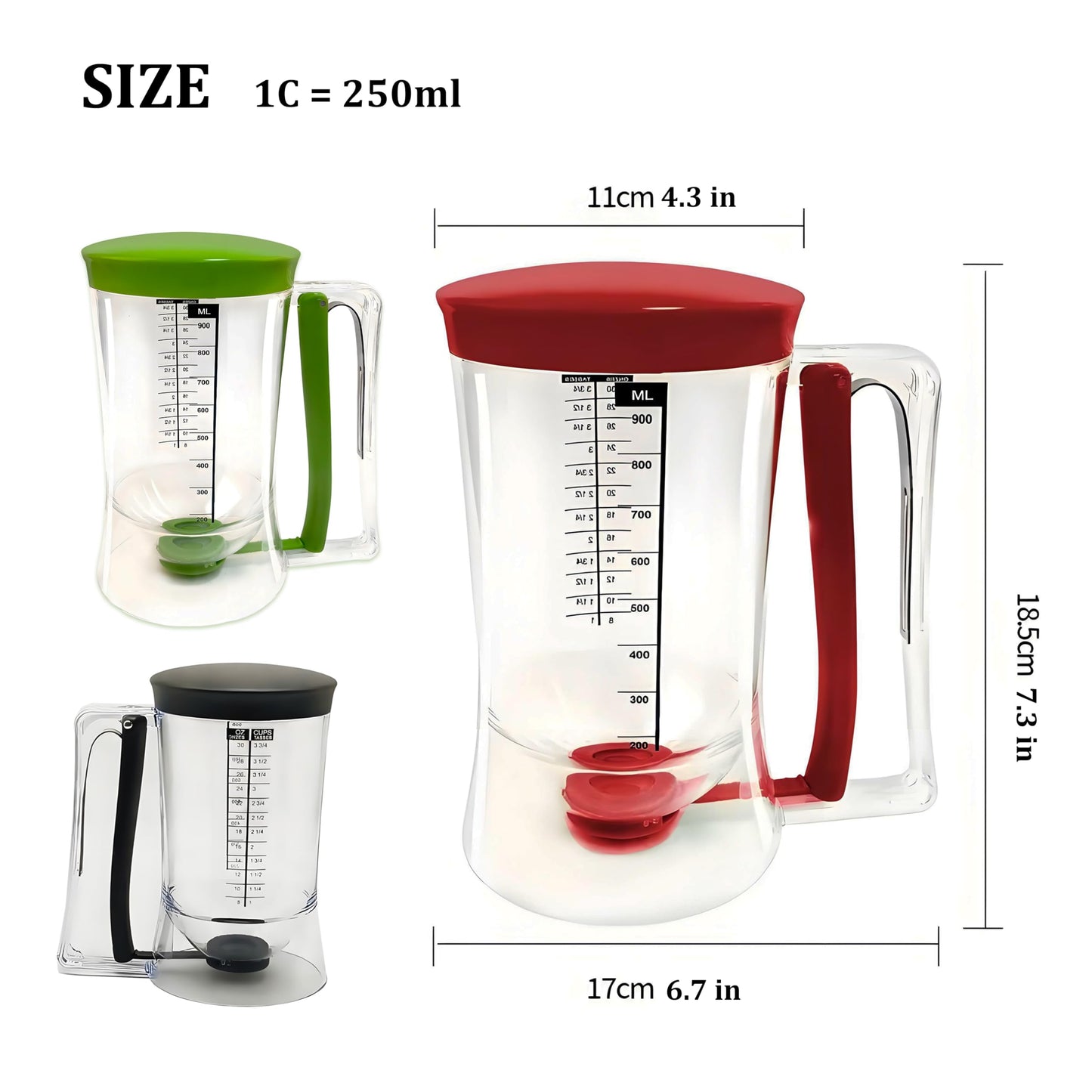 SoKalChw Pancake Batter Dispenser with Measuring Label, 4 Cup Capacity, 900ml With Squeeze Handle Kitchen Dispenser Bottle for Pancakes, Waffles, Muffins, Green
