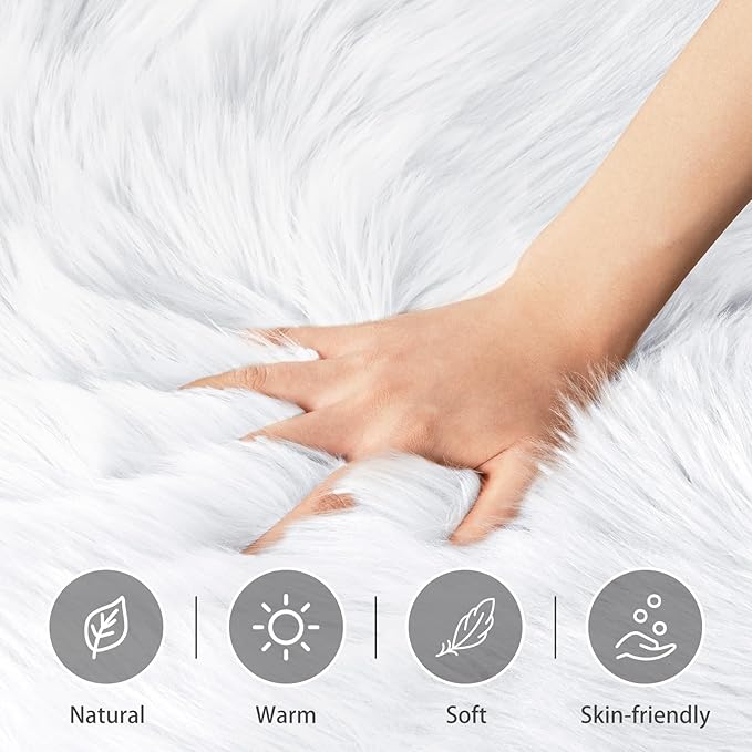Ciicool 5 x 8 Feet Fluffy Faux Fur Area Rug White Faux Sheepskin Furry Rugs for Living Room Sofa Floor Shaggy Fuzzy Carpet for Bedroom Soft Plush Rugs Nursery Home Décor Rectangle