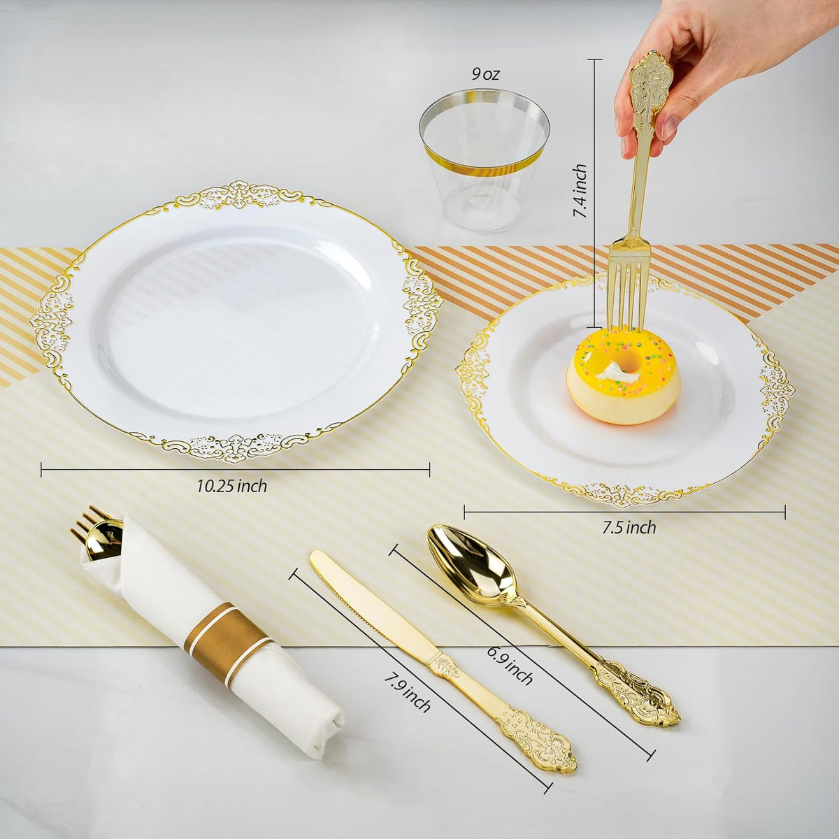 175PCS Gold Plastic Plates for 25 Guests, Disposable Dinnerware Sets Include 50 Gold Rim Plastic Plates, 25 Silverwares, 25 Cups, and 25 Pre Rolled Napkins for Party, Wedding and Graduation