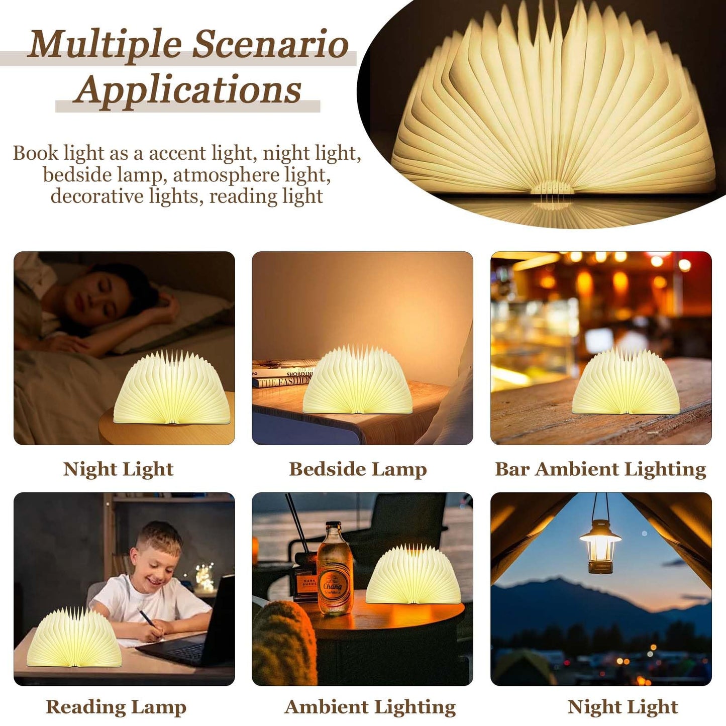 Anwick Lamp Book Large Size Folding Mood Light, Novelty LED Night Light, USB Large Capacity Rechargeable Wooden Table Lamp