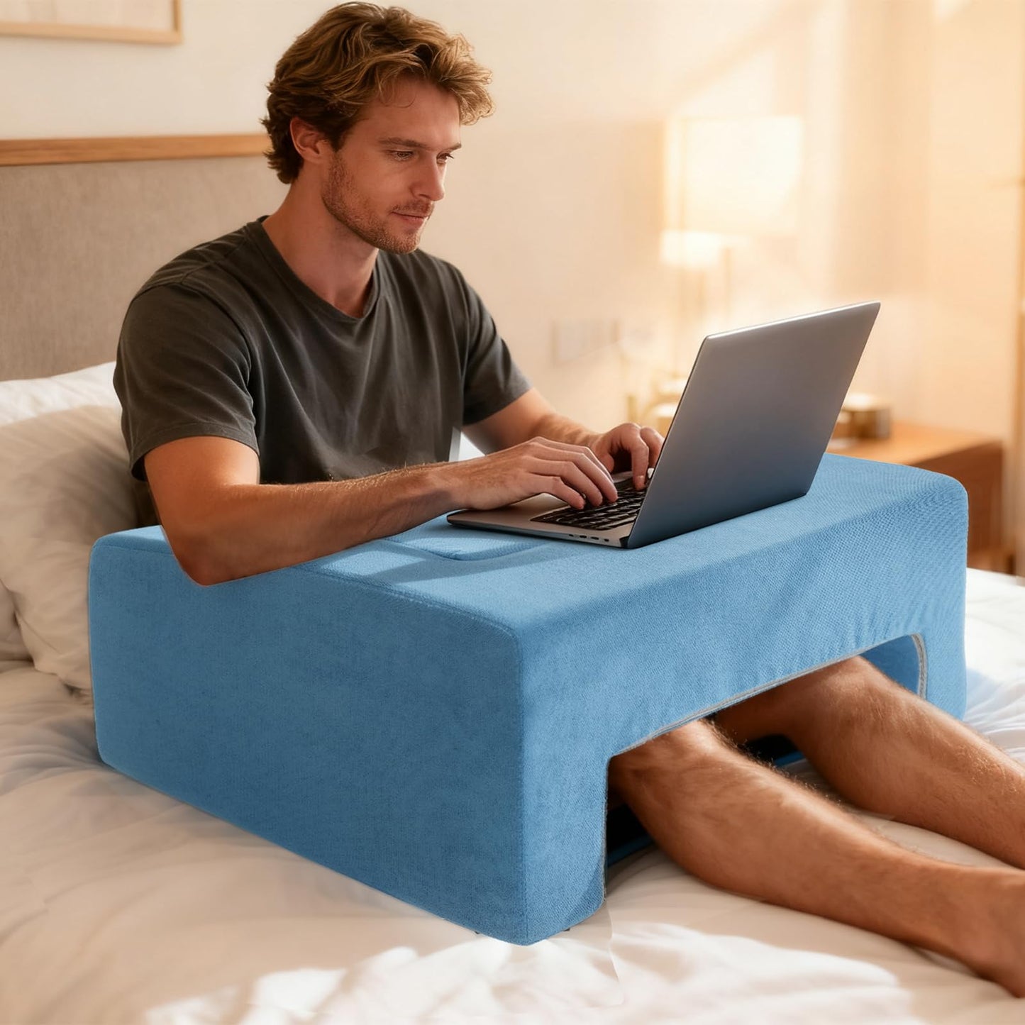 VERASCOT Reading Pillow for Gaming Lap Desk Pillow for Laptop with Pocket Foldable Memory Foam Bed Desk for Reading Working Crocheting Gaming Arm Rest on Bed/Sofa/Floor/Couch/Car (Blue Foldable)