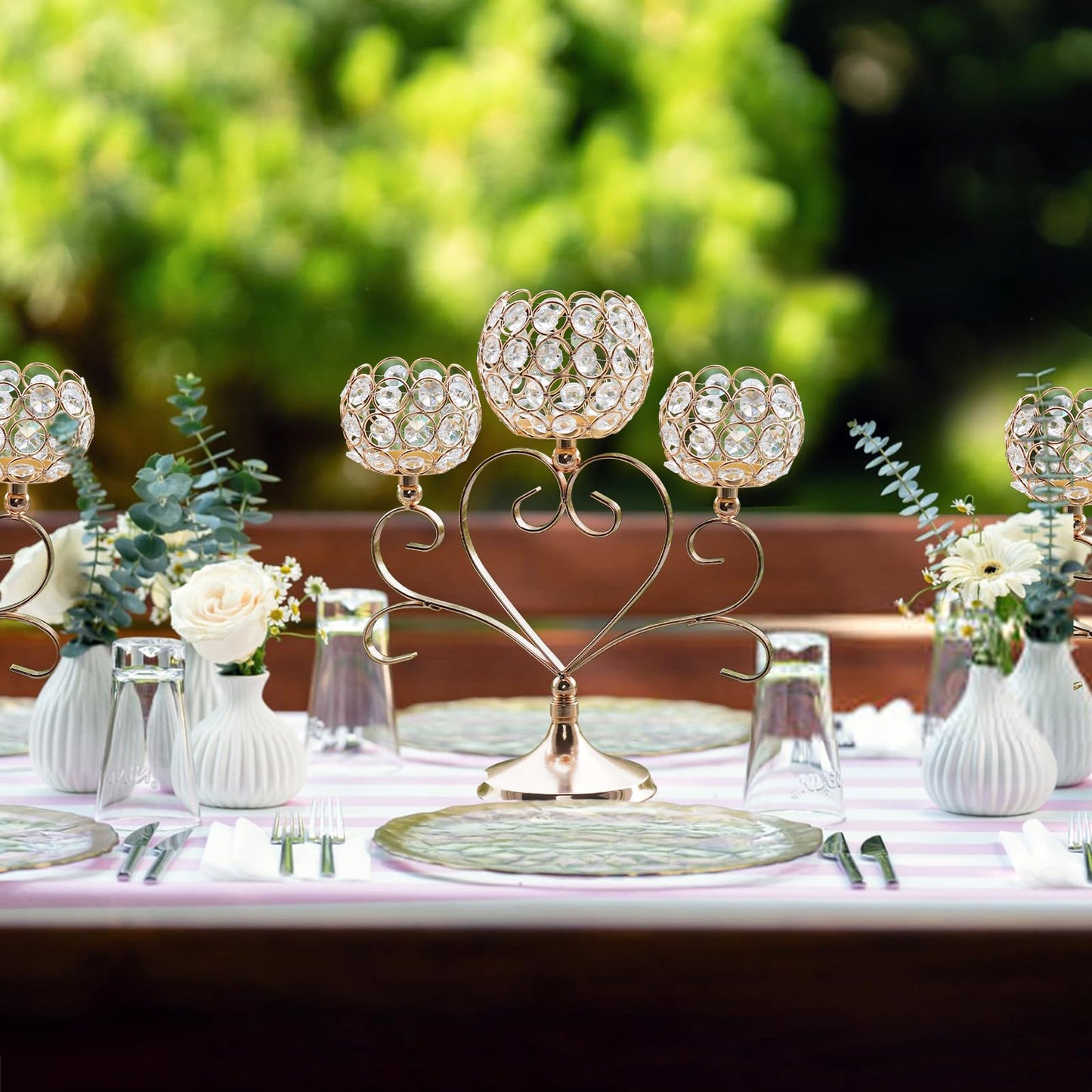 Kehail 2 Pcs 3-Arm Heart Tea Light Candle Holder - Crystal & Metal Wedding Centerpiece Decor, Sparkling Table Decor for Anniversaries/Romantic Tabletop Home/Dinner Party/Events (2, Gold)