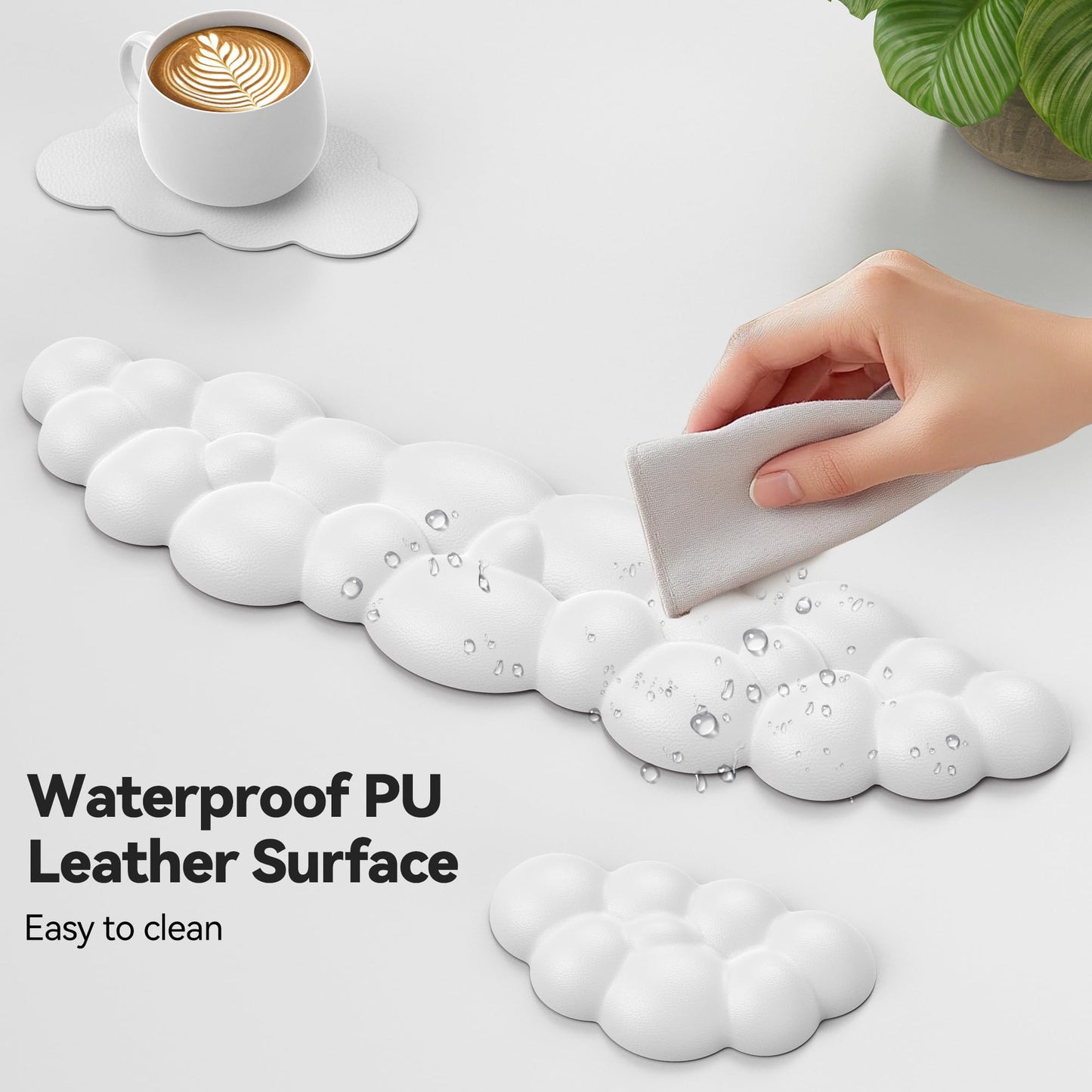 TECKNET Cloud Keyboard Wrist Rest Set, Cloud Wrist Rest with Non-Slip Base, PU Leather Wrist Pad for Keyboard with Ergonomic Memory Foam for Computer Laptop Office Gaming and Pain Relief, White