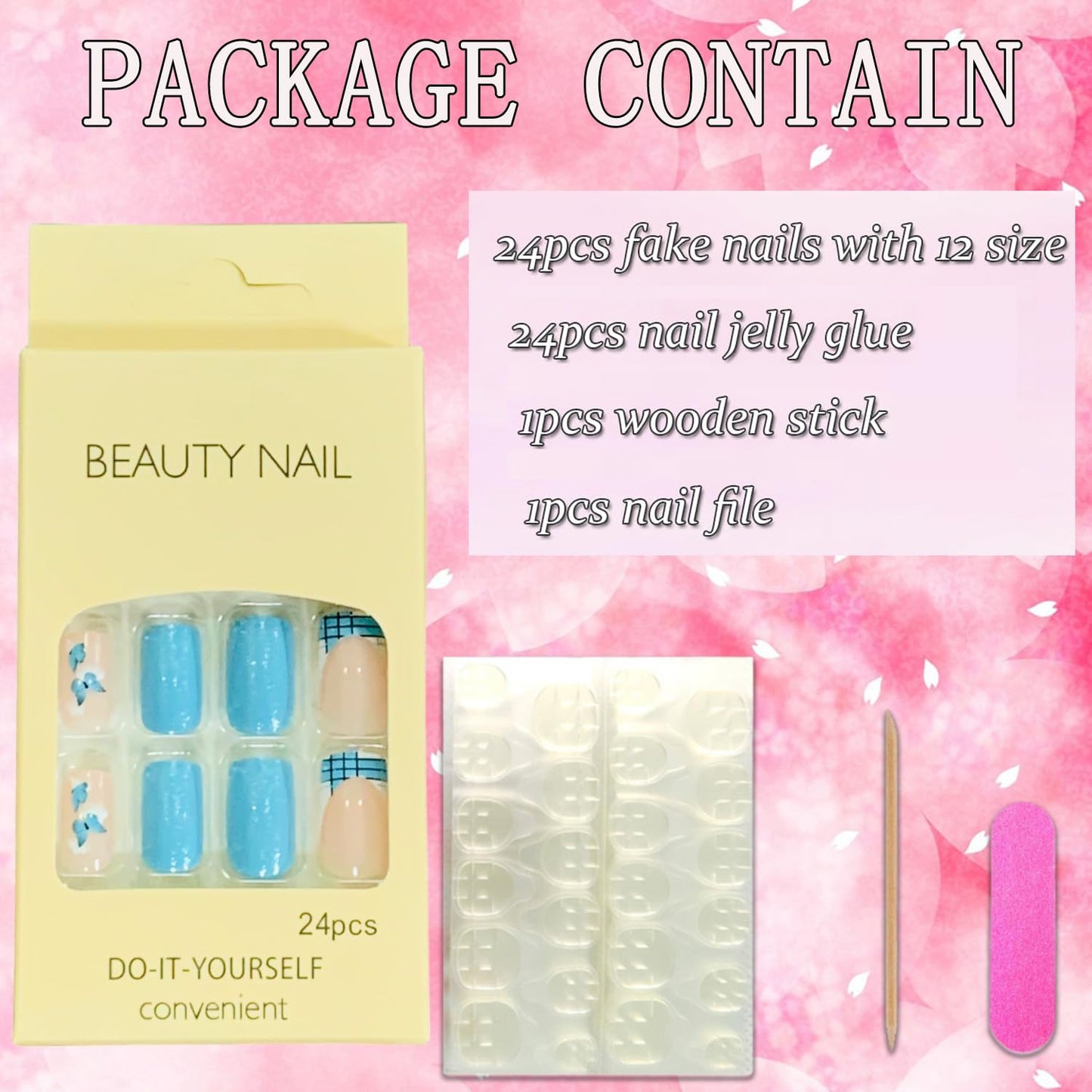 Vezocim French Tips Press on Nails Square Shapes 24Pcs Glossy Full Cover Medium Acrylic Blue Square False Nails with Butterfly Designs Artificial Coffin Fake Nails Glue ons Fingernails for Women