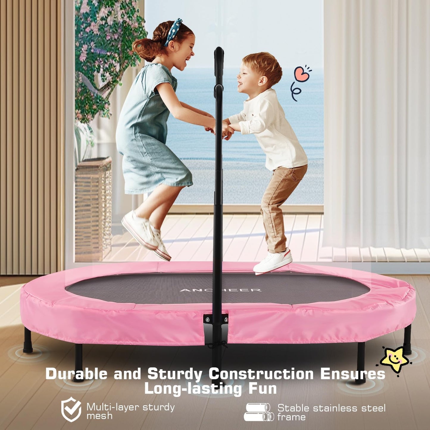 ANCHEER Trampoline for Kids, 56" Double Toddler Trampoline with Adjustable Handlebar, 220LBS Weight Capacity - Indoor/Outdoor Foldable Jumper for 2+ Users (ASTM Certified)