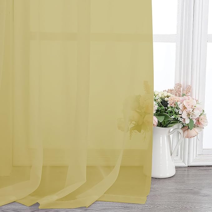 Chyhomenyc Sheer Mustard Yellow Curtains 90 inches Long 2 Panels, Light Filtering Soft Airy Solid Elegant Voile Window Treatment Drapes for Bedroom Living Room Wedding Party Decor, 42 Wx90 L Inches