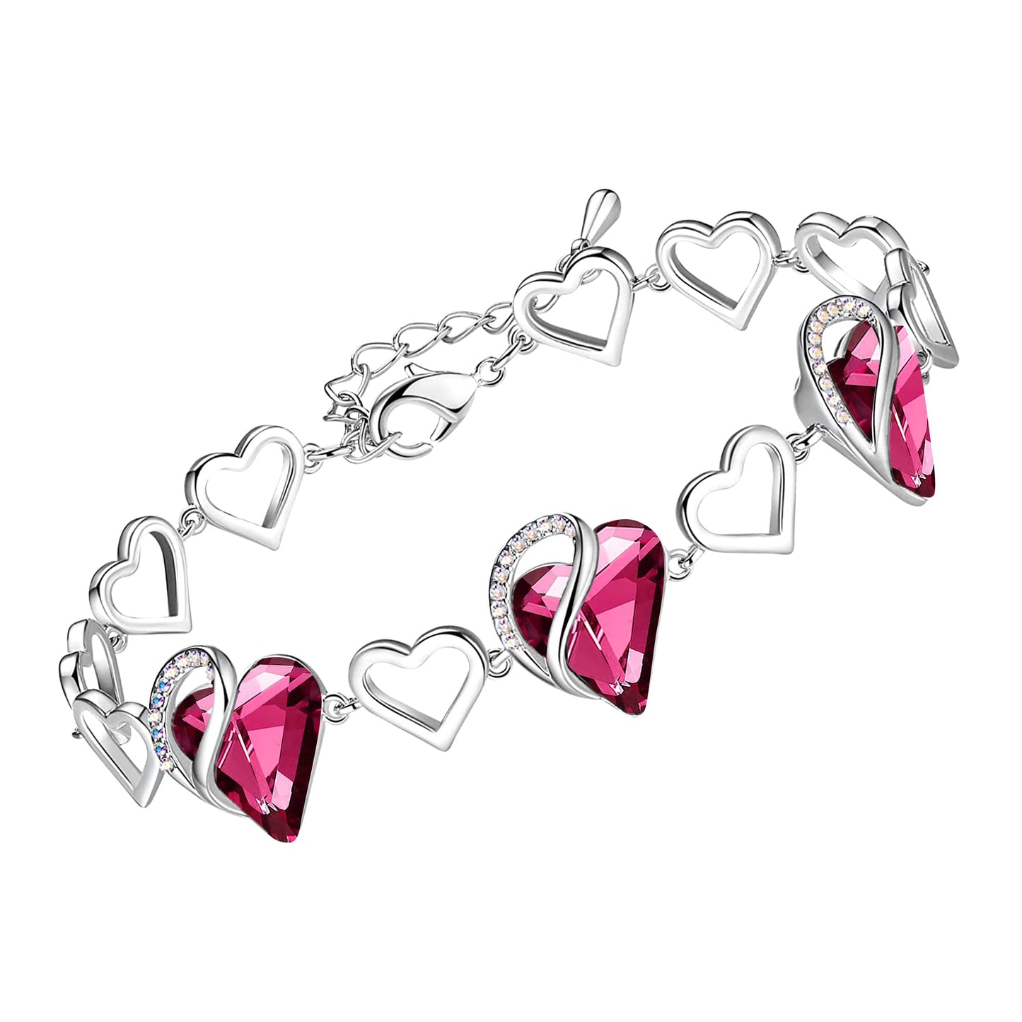Leafael Infinity Love Heart Gift Bracelet for Women, October Birthstone Crystal, Tourmaline Hot Pink, Silver Tone, 7-inch Chain and 2-inch Extender