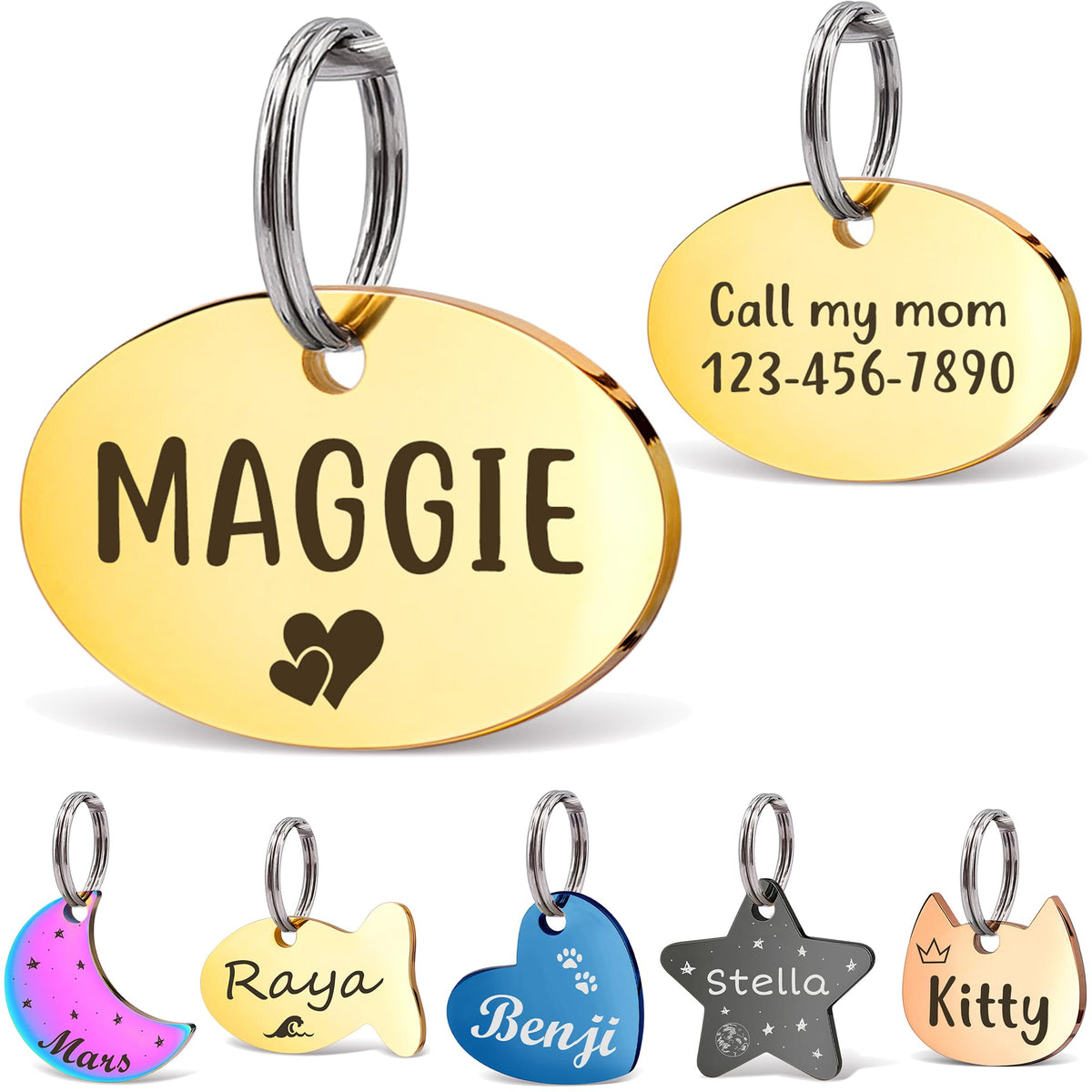 Anavia Small Size Dog Cat ID Tags, Small/XS Personalized Color Plated Stainless Steel Puppy Kitten Name Tags, Customized Engraved Nameplate Pet Collar Tag (Blue, Star)