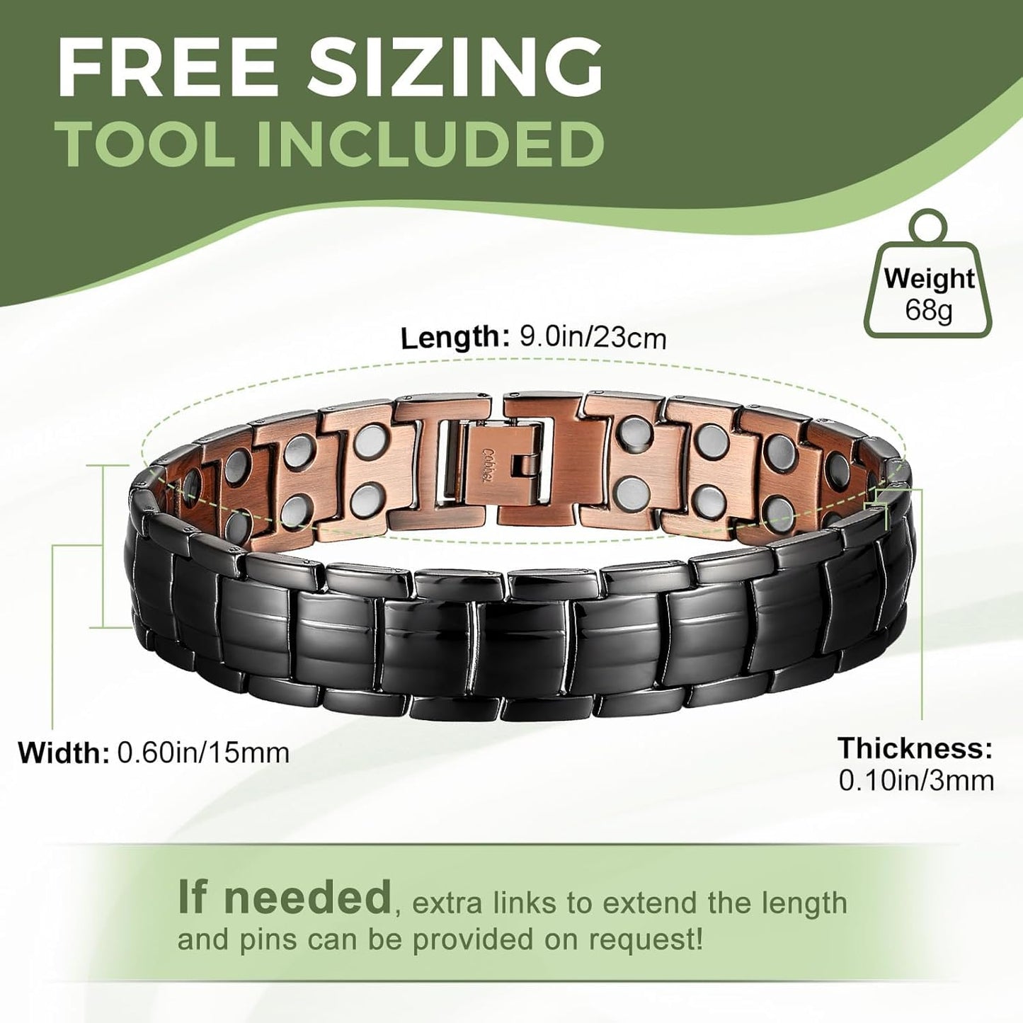 MagEnergy Mens Copper Magnetic Bracelets, 99.9% Pure Copper Bracelet with Double-Row Strength Magnets, Adjustable Jewelry with Sizing Tool