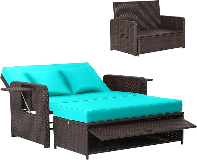 HAPPYGRILL Patio Rattan Wicker Daybed with Loveseat & Storage Ottoman, Outdoor Lounge Sofa Furniture Set with Adjustable Backrest & Side Trays, for Poolside Deck Porch Lawn (Mix Brown & Turquoise)