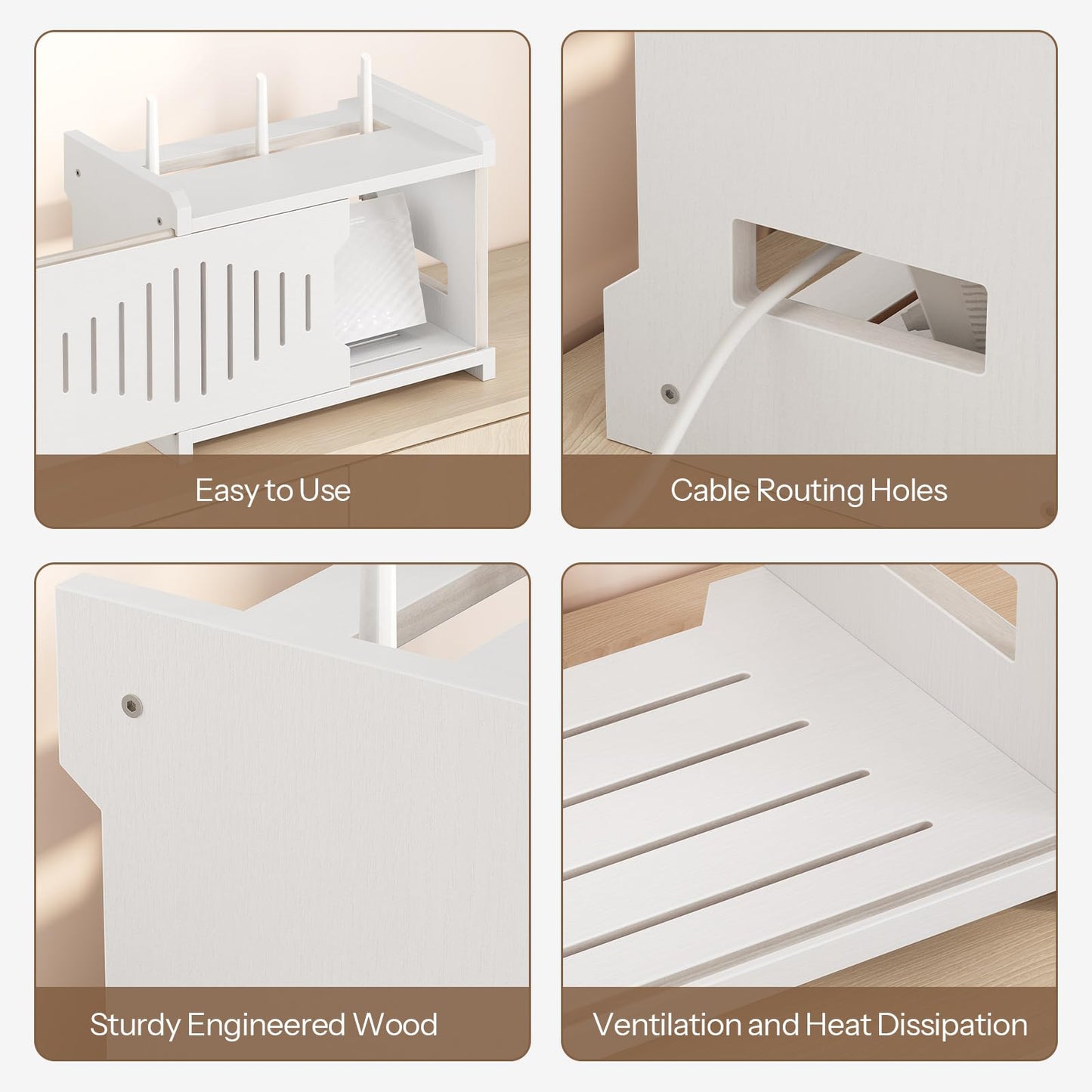 HOOBRO Wi-Fi Router Box Hider, WiFi Router Storage Box with Cable Management & Ventilation, Decorative Router Cover for Modem, Power Strip & Wires, Space Saving Tabletop Shelf, White WT125CJ01