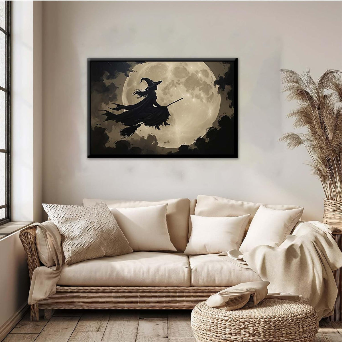 JFHCQJPK Full moon witch silhouette poster witch on magic broom Halloween mural poster decorative mural art suitable for home living room bedroom8x12in Metal blackFramed