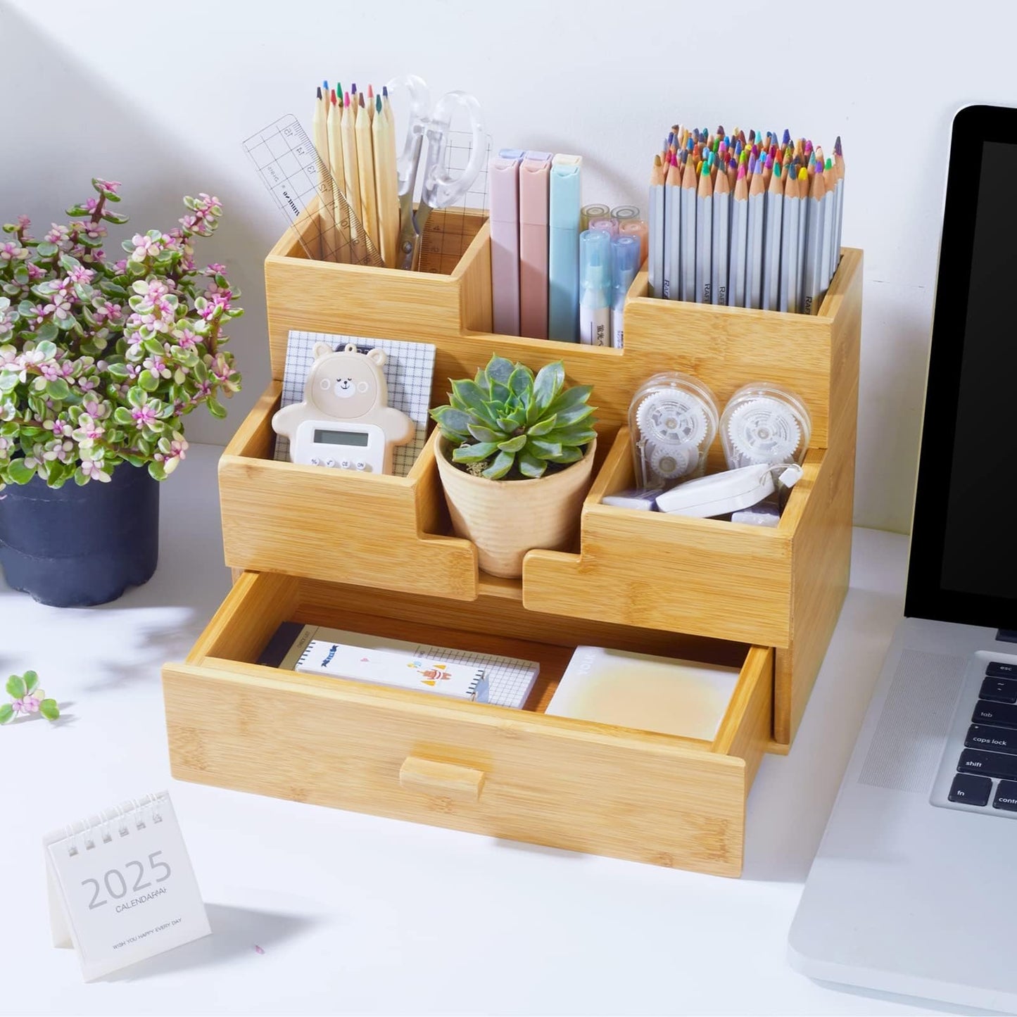 Charmlife Bamboo Desk Organizer - Makeup & Pen Storage with Drawer & Pencil Holder for Office Organization